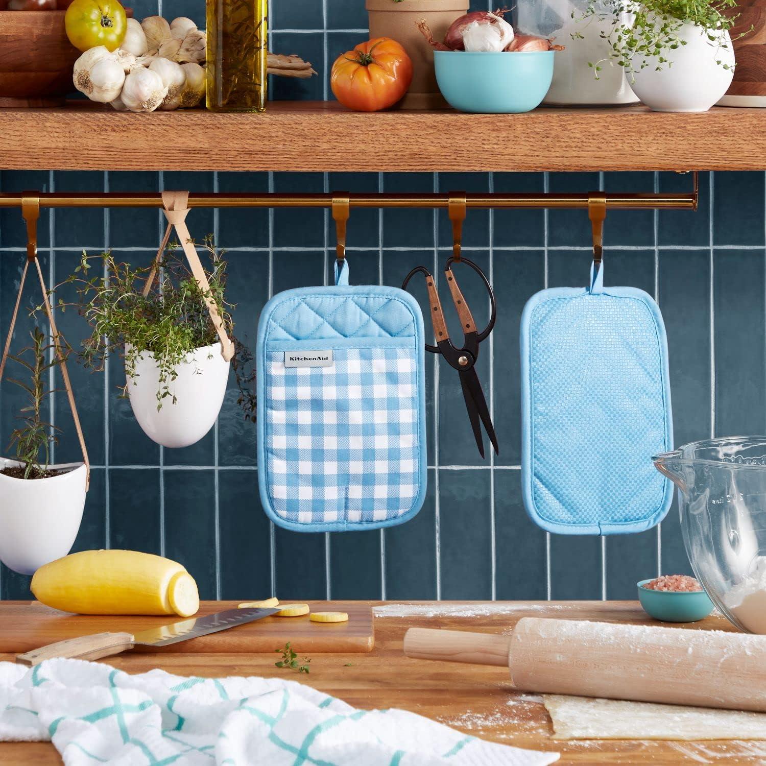 imageKitchenAid Gingham Pot Holder 2Pack Set Aqua Sky 7quotx10quotBlue Velvet
