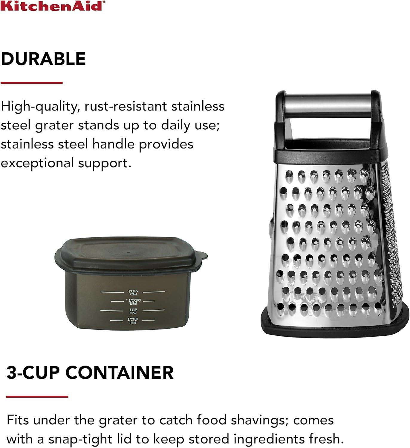 imageKitchenAid Gourmet 4Sided Stainless Steel Box Grater for Fine Medium and Coarse Grate and Slicing Detachable 3 Cup Storage Container and Measurment Markings Dishwasher Safe 10 inches tall BlackBlack