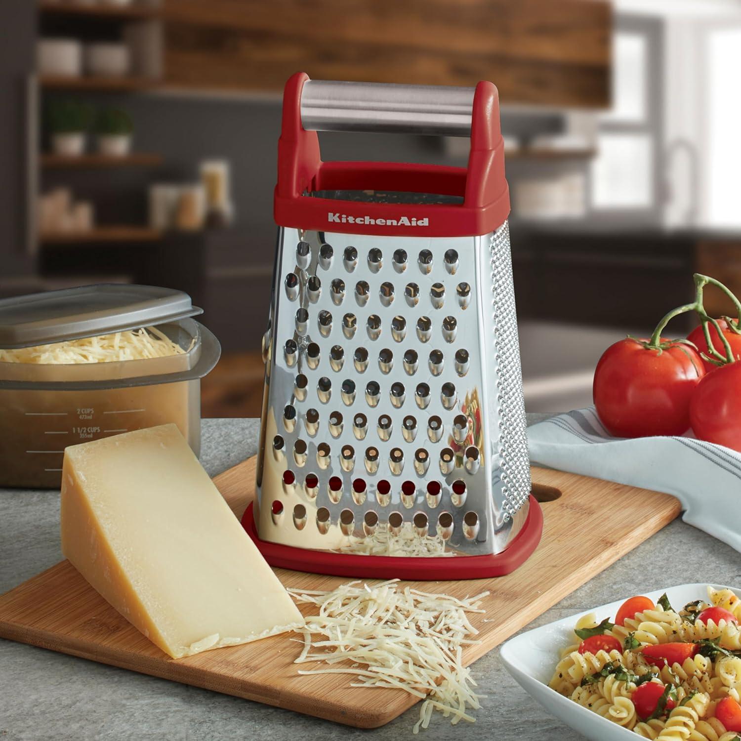 imageKitchenAid Gourmet 4Sided Stainless Steel Box Grater for Fine Medium and Coarse Grate and Slicing Detachable 3 Cup Storage Container and Measurment Markings Dishwasher Safe 10 inches tall BlackRed