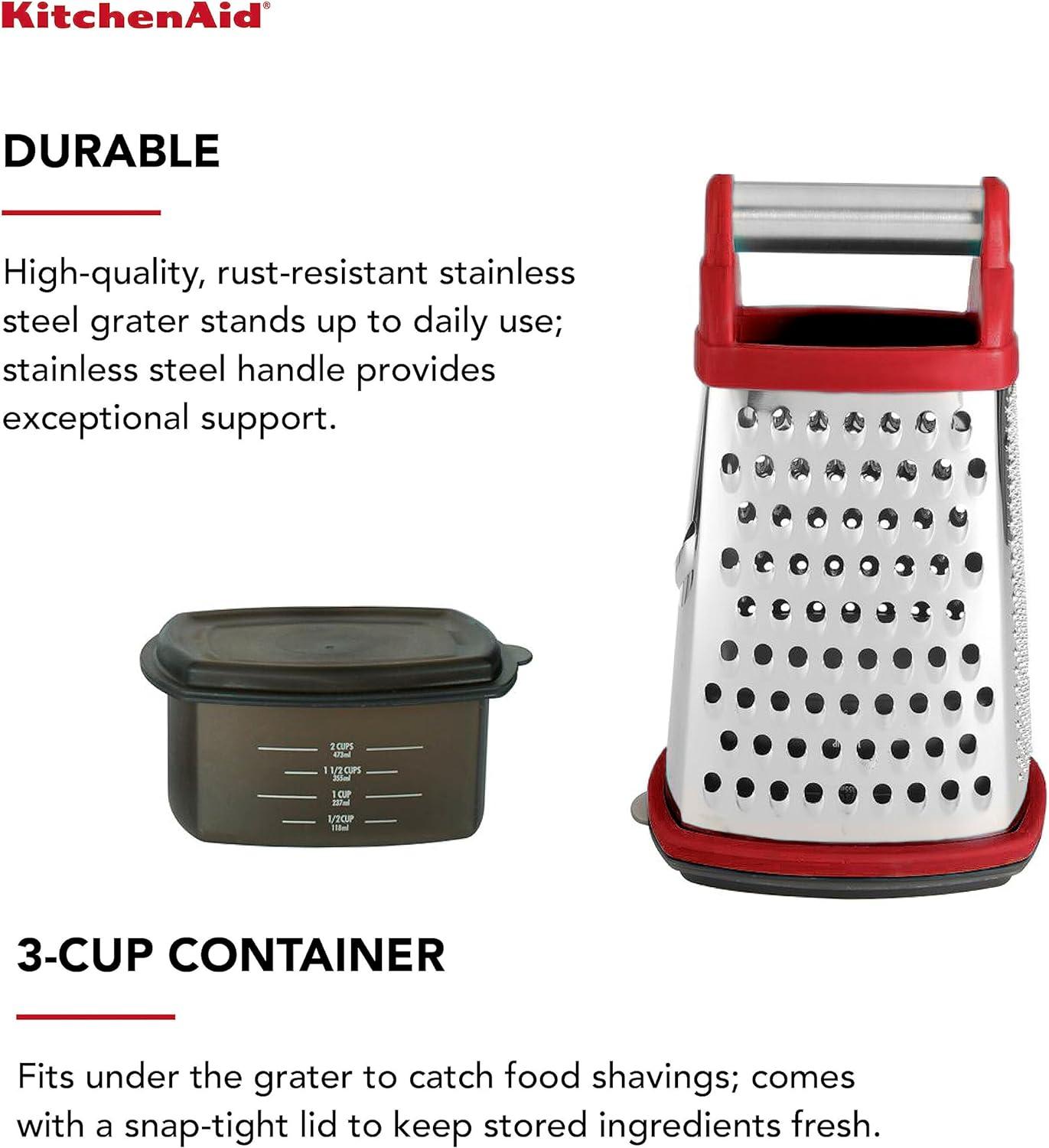 imageKitchenAid Gourmet 4Sided Stainless Steel Box Grater for Fine Medium and Coarse Grate and Slicing Detachable 3 Cup Storage Container and Measurment Markings Dishwasher Safe 10 inches tall BlackRed