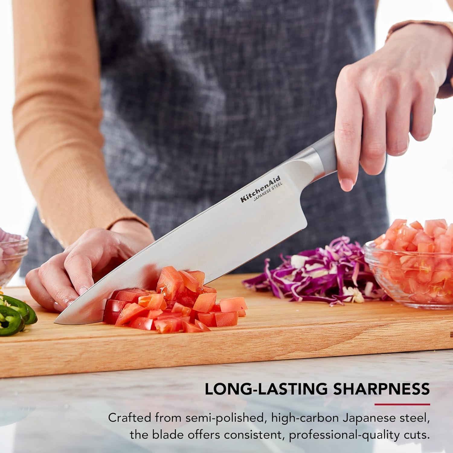 imageKitchenAid Gourmet Forged Santoku Knife with CustomFit Blade Cover Sharp Kitchen Knife HighCarbon Japanese Stainless Steel Blade 7 Inch GrayGray