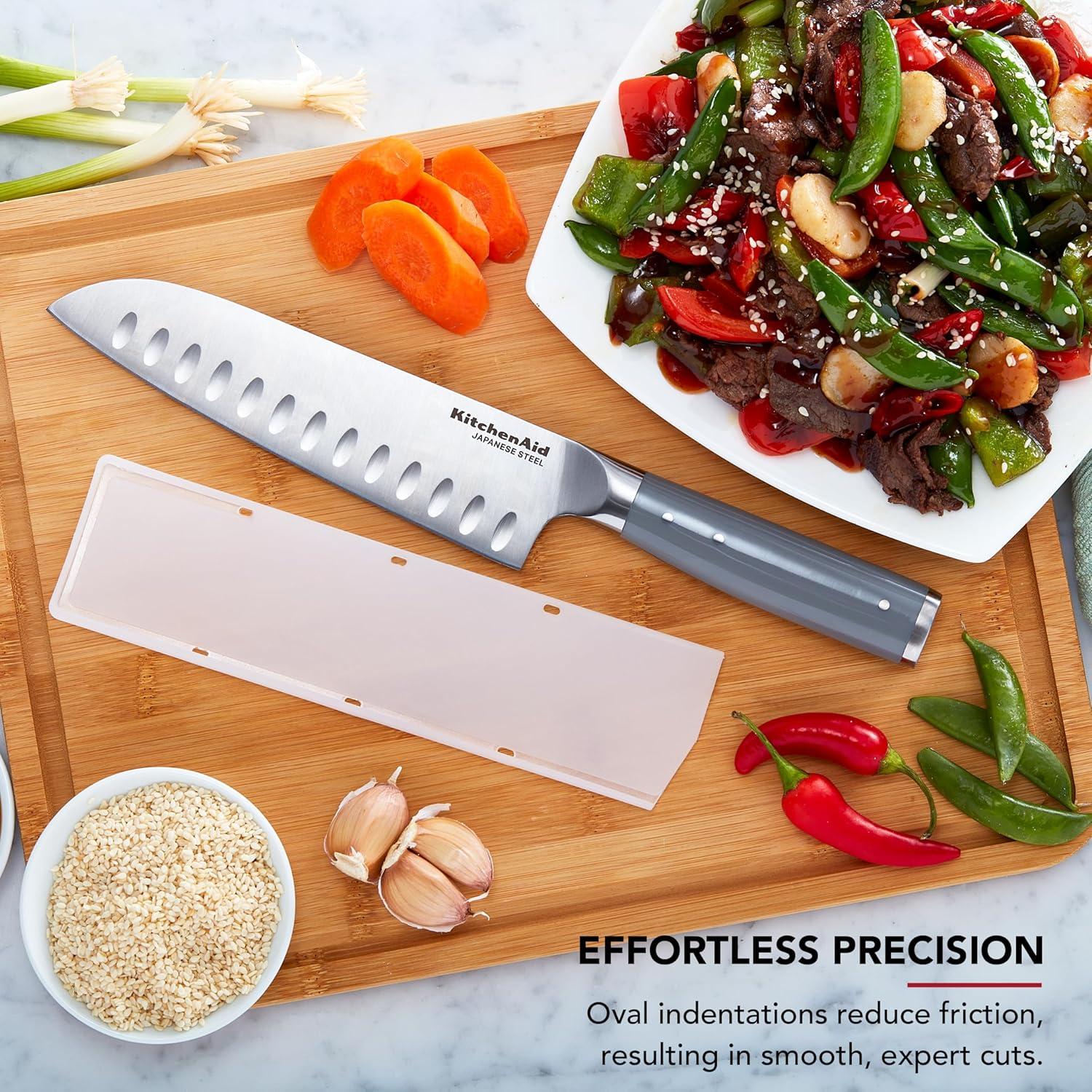 imageKitchenAid Gourmet Forged Santoku Knife with CustomFit Blade Cover Sharp Kitchen Knife HighCarbon Japanese Stainless Steel Blade 7 Inch GrayGray