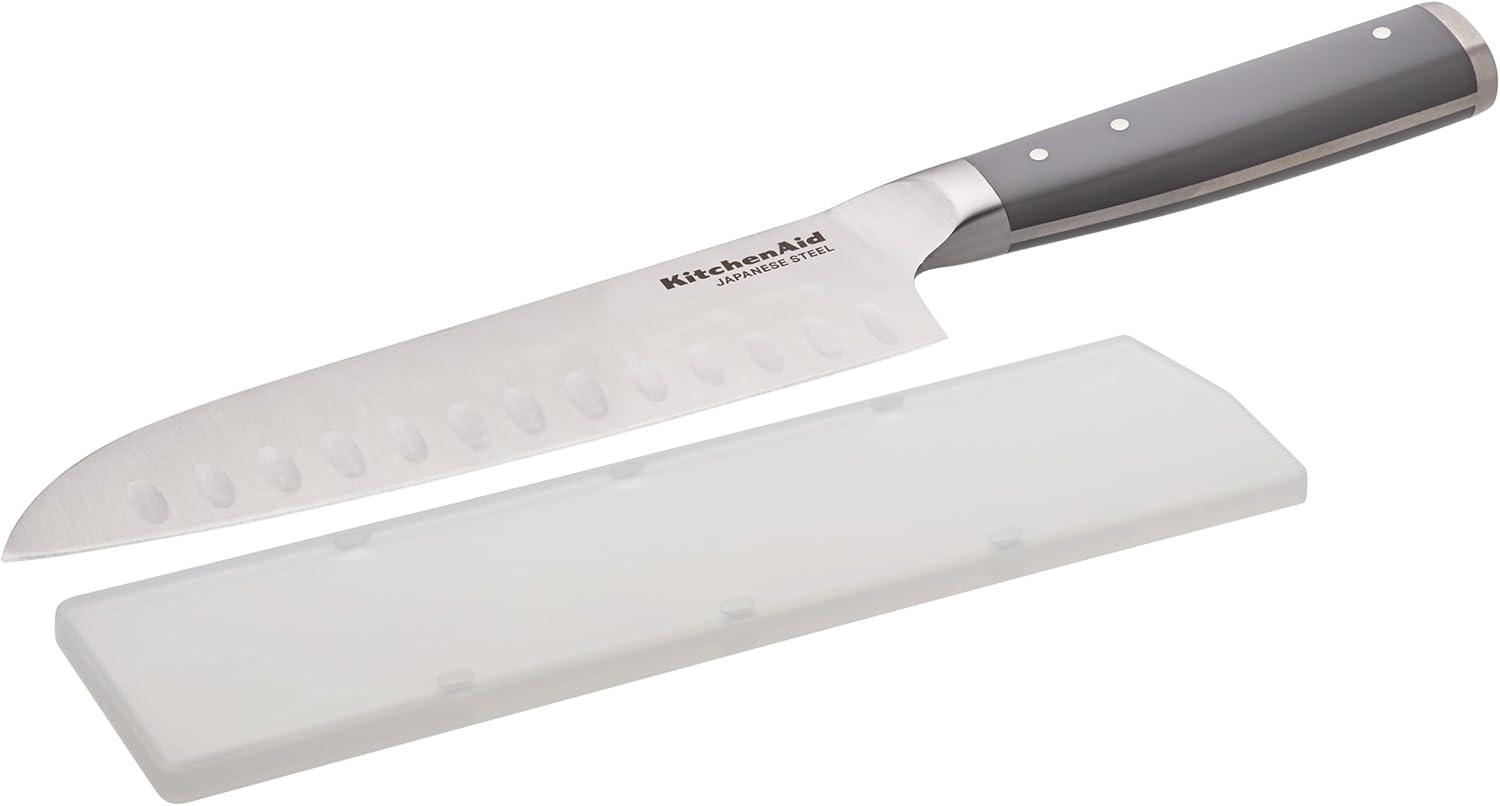 imageKitchenAid Gourmet Forged Santoku Knife with CustomFit Blade Cover Sharp Kitchen Knife HighCarbon Japanese Stainless Steel Blade 7 Inch GrayGray