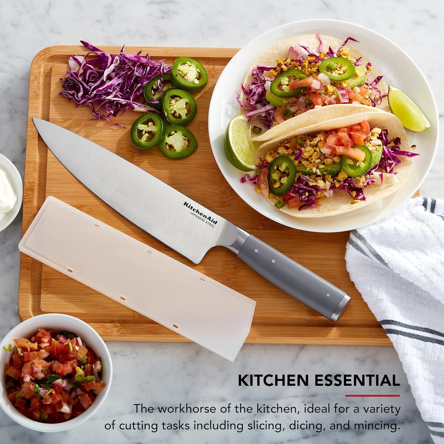 imageKitchenAid Gourmet Forged Santoku Knife with CustomFit Blade Cover Sharp Kitchen Knife HighCarbon Japanese Stainless Steel Blade 7 Inch GrayGray