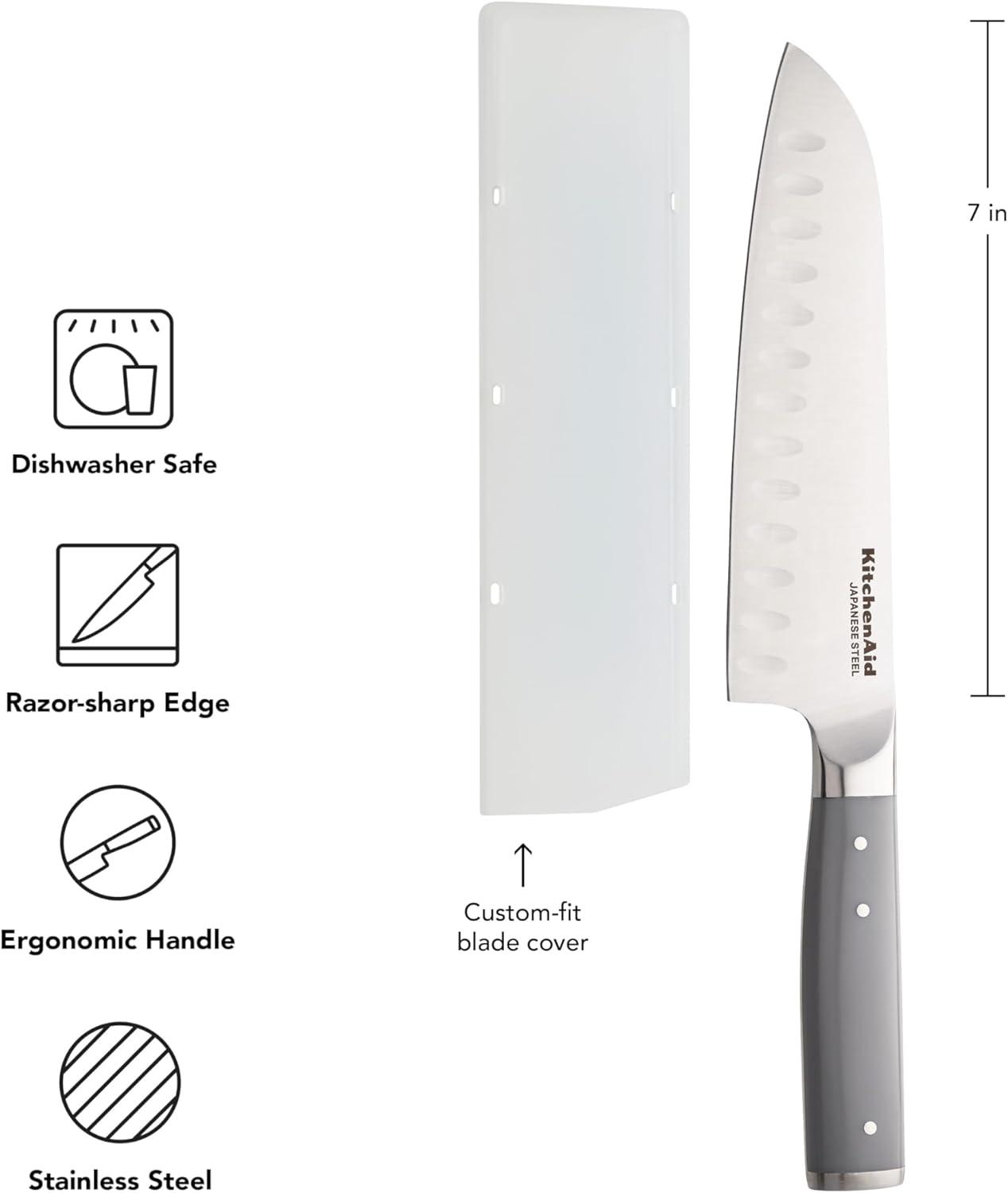 imageKitchenAid Gourmet Forged Santoku Knife with CustomFit Blade Cover Sharp Kitchen Knife HighCarbon Japanese Stainless Steel Blade 7 Inch GrayGray