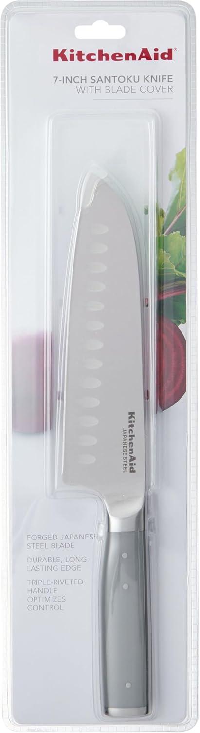 imageKitchenAid Gourmet Forged Santoku Knife with CustomFit Blade Cover Sharp Kitchen Knife HighCarbon Japanese Stainless Steel Blade 7 Inch GrayGray