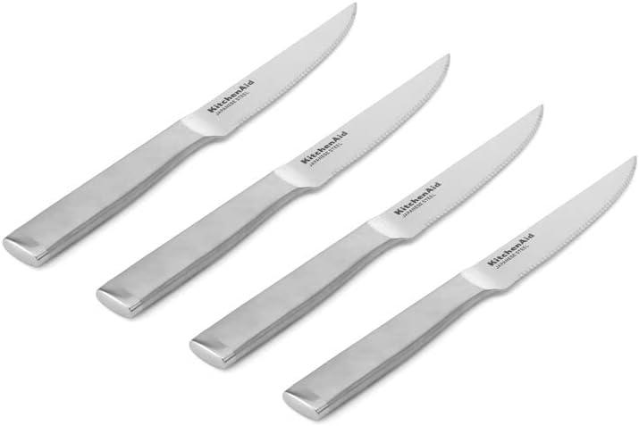 imageKitchenAid Gourmet Forged Stainless Steel Serrated Utility Knife with CustomFit Blade Cover 55inch Sharp Kitchen Knife Brushed Stainless Steel Handle4Piece Steak Knife Set