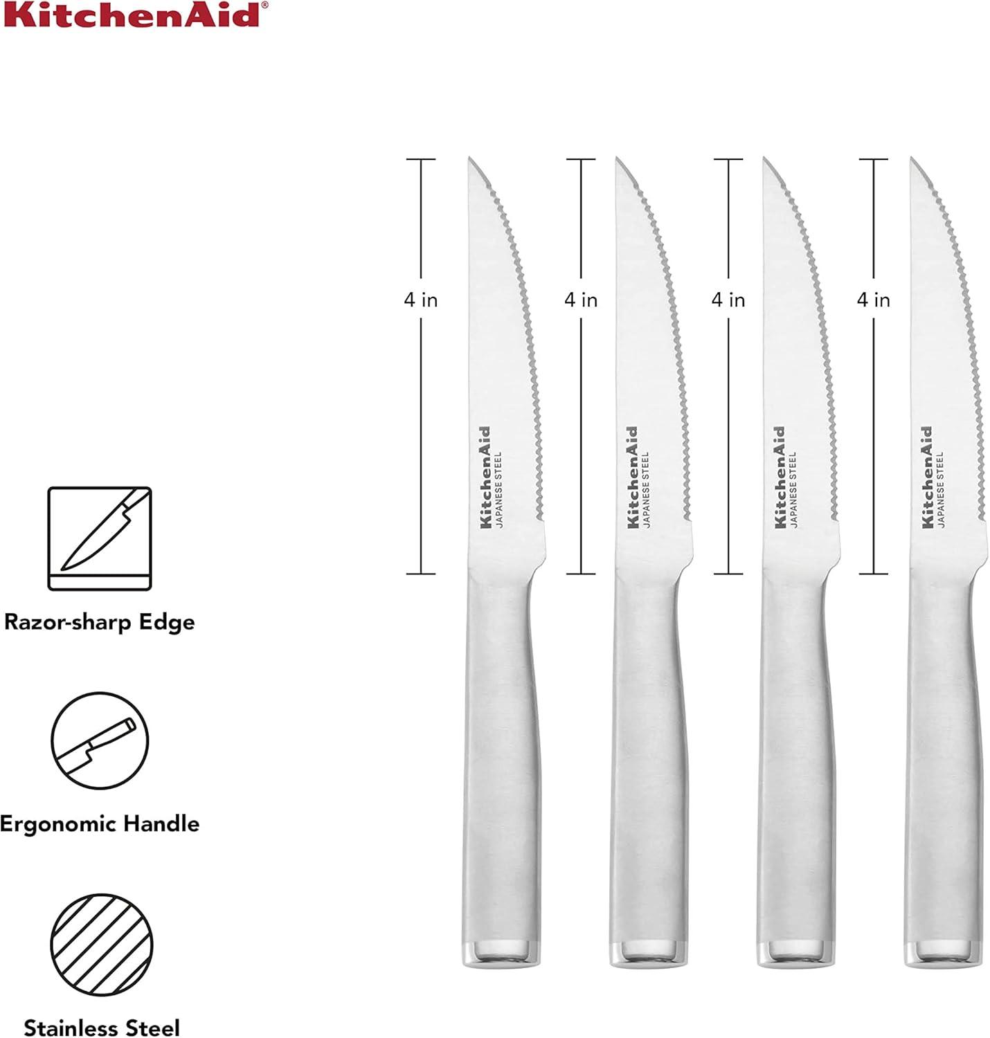 imageKitchenAid Gourmet Forged Stainless Steel Serrated Utility Knife with CustomFit Blade Cover 55inch Sharp Kitchen Knife Brushed Stainless Steel Handle4Piece Steak Knife Set