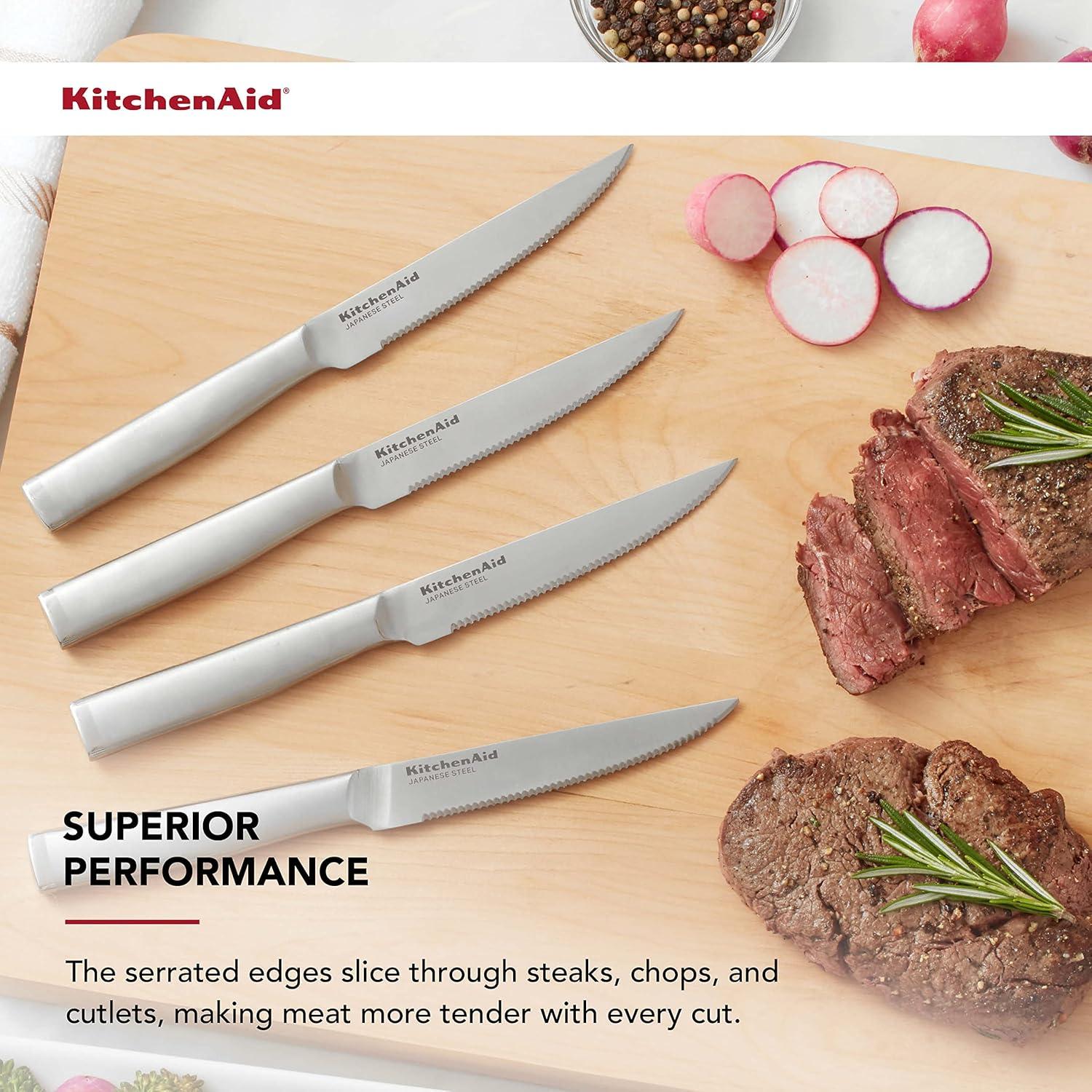 imageKitchenAid Gourmet Forged Stainless Steel Serrated Utility Knife with CustomFit Blade Cover 55inch Sharp Kitchen Knife Brushed Stainless Steel Handle4Piece Steak Knife Set