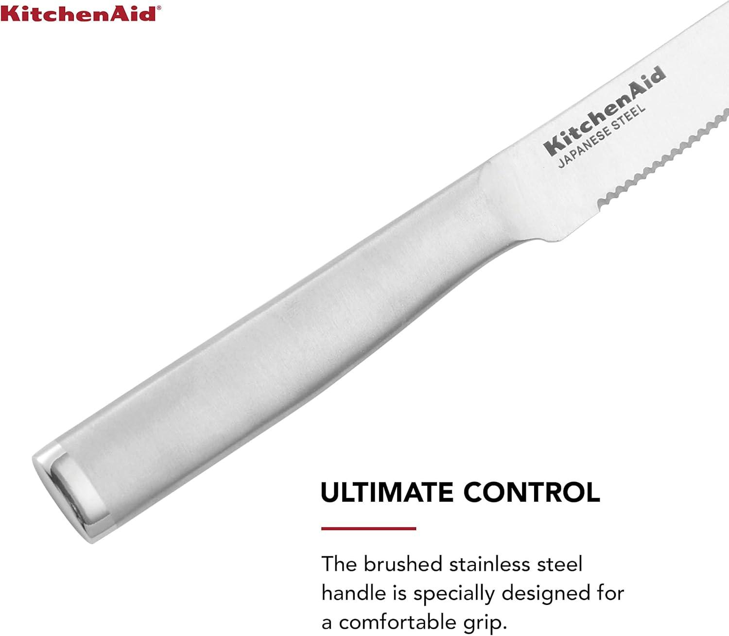 imageKitchenAid Gourmet Forged Stainless Steel Serrated Utility Knife with CustomFit Blade Cover 55inch Sharp Kitchen Knife Brushed Stainless Steel Handle4Piece Steak Knife Set