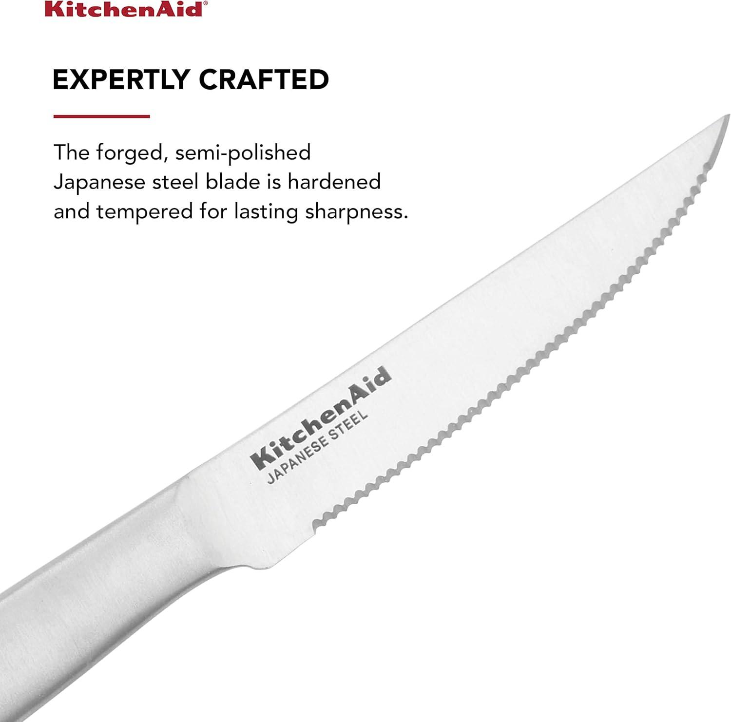 imageKitchenAid Gourmet Forged Stainless Steel Serrated Utility Knife with CustomFit Blade Cover 55inch Sharp Kitchen Knife Brushed Stainless Steel Handle4Piece Steak Knife Set