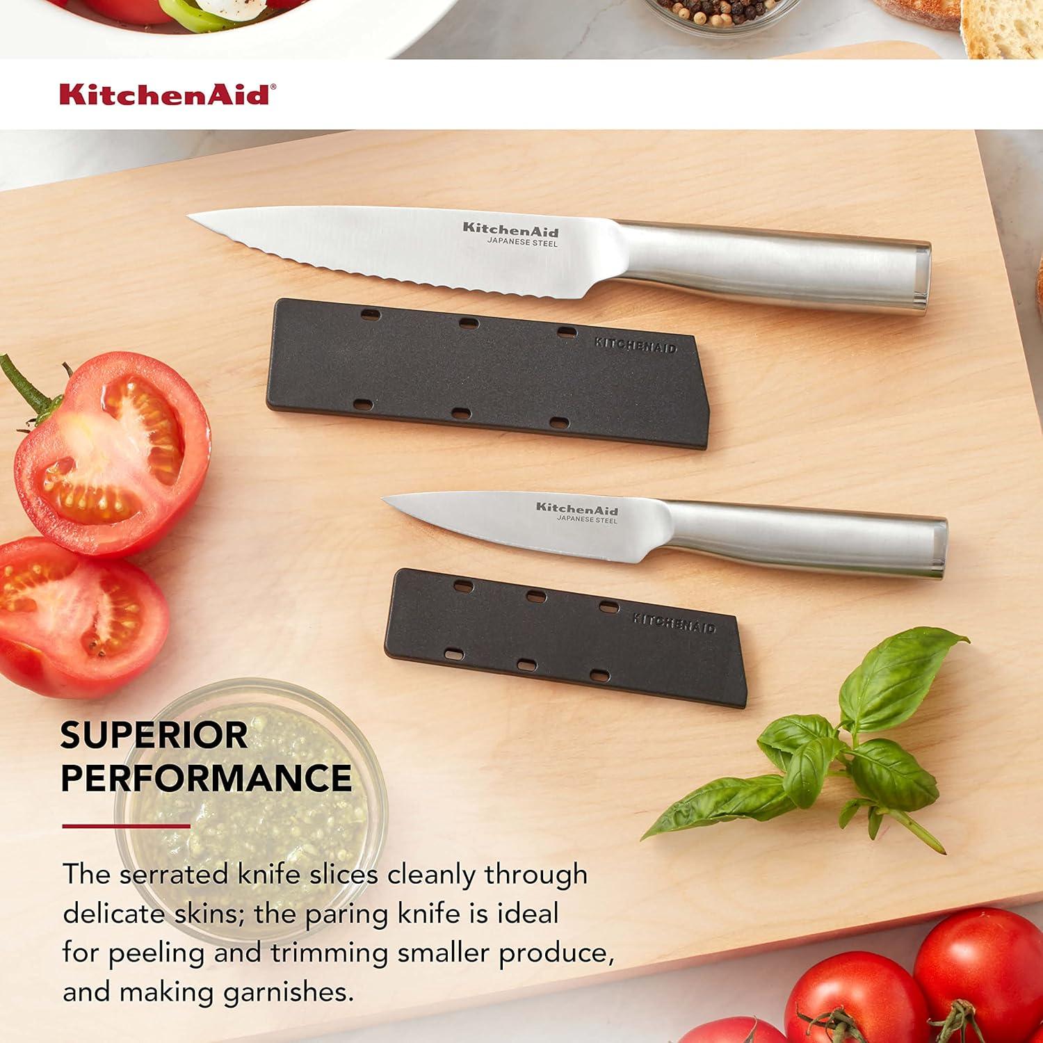 imageKitchenAid Gourmet Forged Stainless Steel Serrated Utility Knife with CustomFit Blade Cover 55inch Sharp Kitchen Knife Brushed Stainless Steel HandleUtility and Paring Knife Set Set