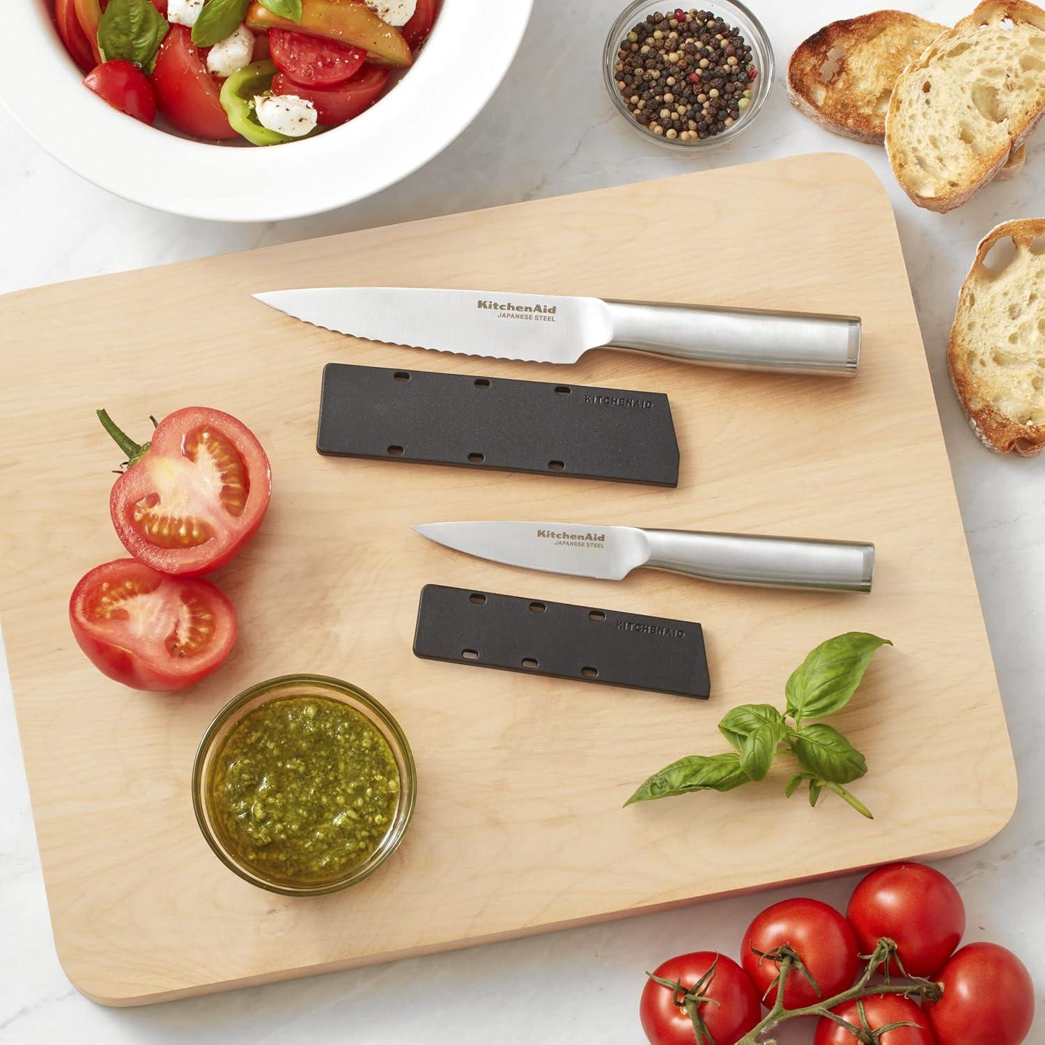 imageKitchenAid Gourmet Forged Stainless Steel Serrated Utility Knife with CustomFit Blade Cover 55inch Sharp Kitchen Knife Brushed Stainless Steel HandleUtility and Paring Knife Set Set