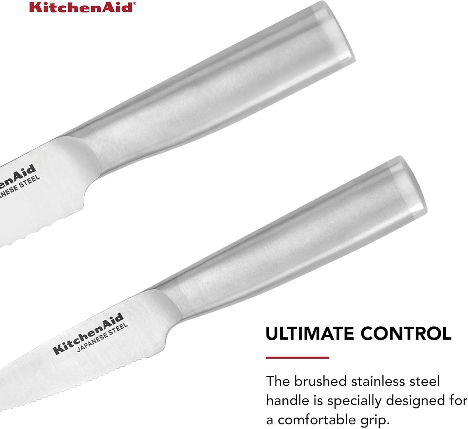 imageKitchenAid Gourmet Forged Stainless Steel Serrated Utility Knife with CustomFit Blade Cover 55inch Sharp Kitchen Knife Brushed Stainless Steel HandleUtility and Paring Knife Set Set