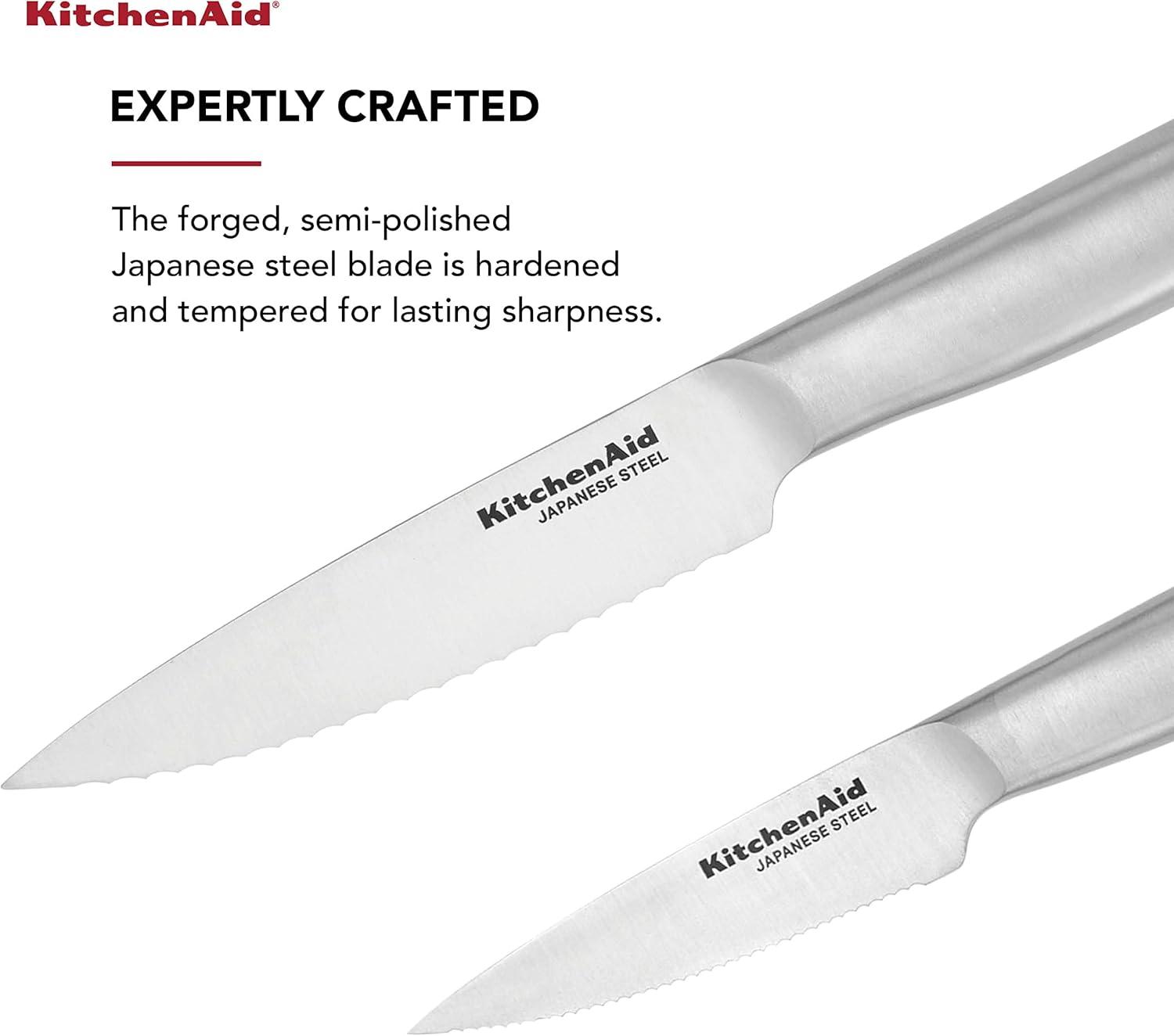 imageKitchenAid Gourmet Forged Stainless Steel Serrated Utility Knife with CustomFit Blade Cover 55inch Sharp Kitchen Knife Brushed Stainless Steel HandleUtility and Paring Knife Set Set