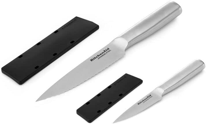 imageKitchenAid Gourmet Forged Stainless Steel Serrated Utility Knife with CustomFit Blade Cover 55inch Sharp Kitchen Knife Brushed Stainless Steel HandleUtility and Paring Knife Set Set