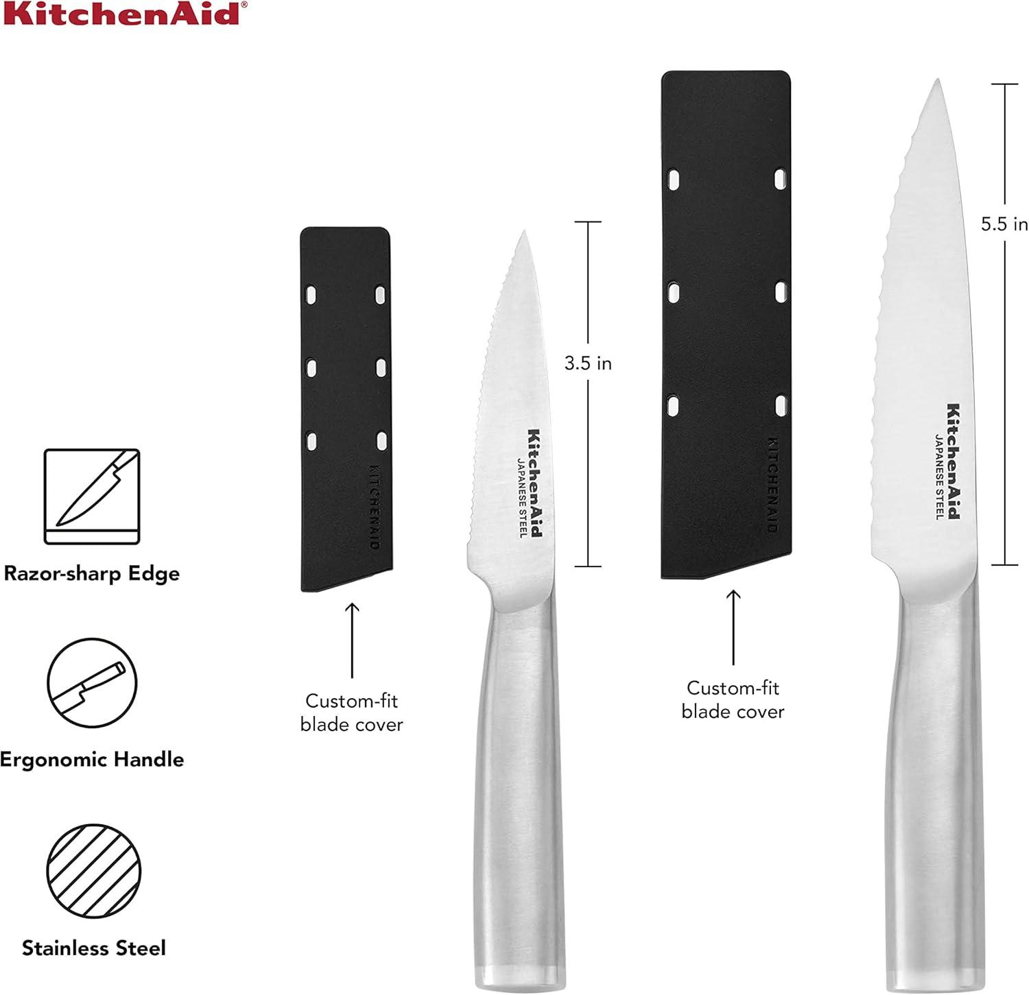 imageKitchenAid Gourmet Forged Stainless Steel Serrated Utility Knife with CustomFit Blade Cover 55inch Sharp Kitchen Knife Brushed Stainless Steel HandleUtility and Paring Knife Set Set