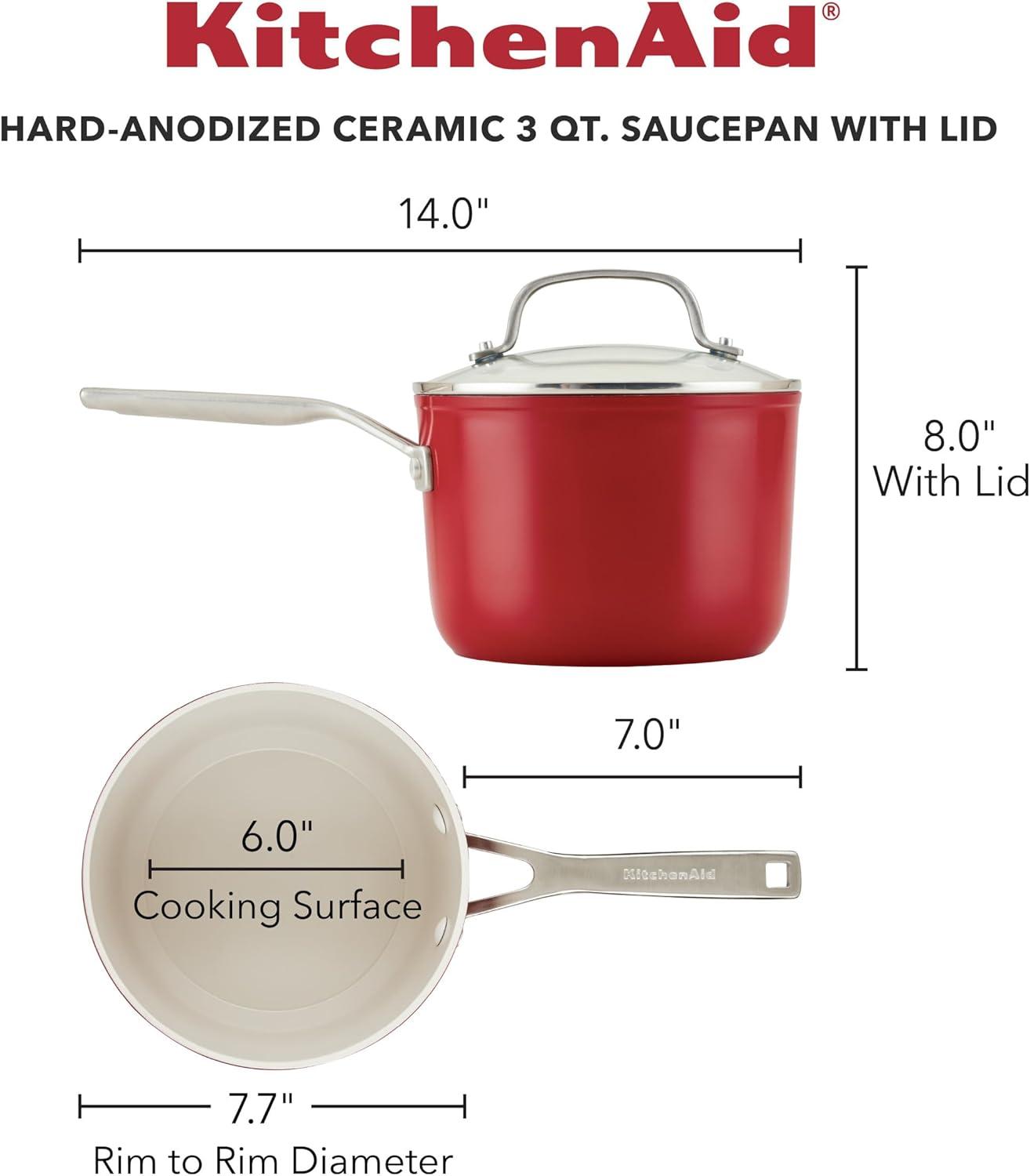 imageKitchenAid Hard Anodized Ceramic Nonstick Cookware Sauce Pan with Lid 3 Quart Empire Red