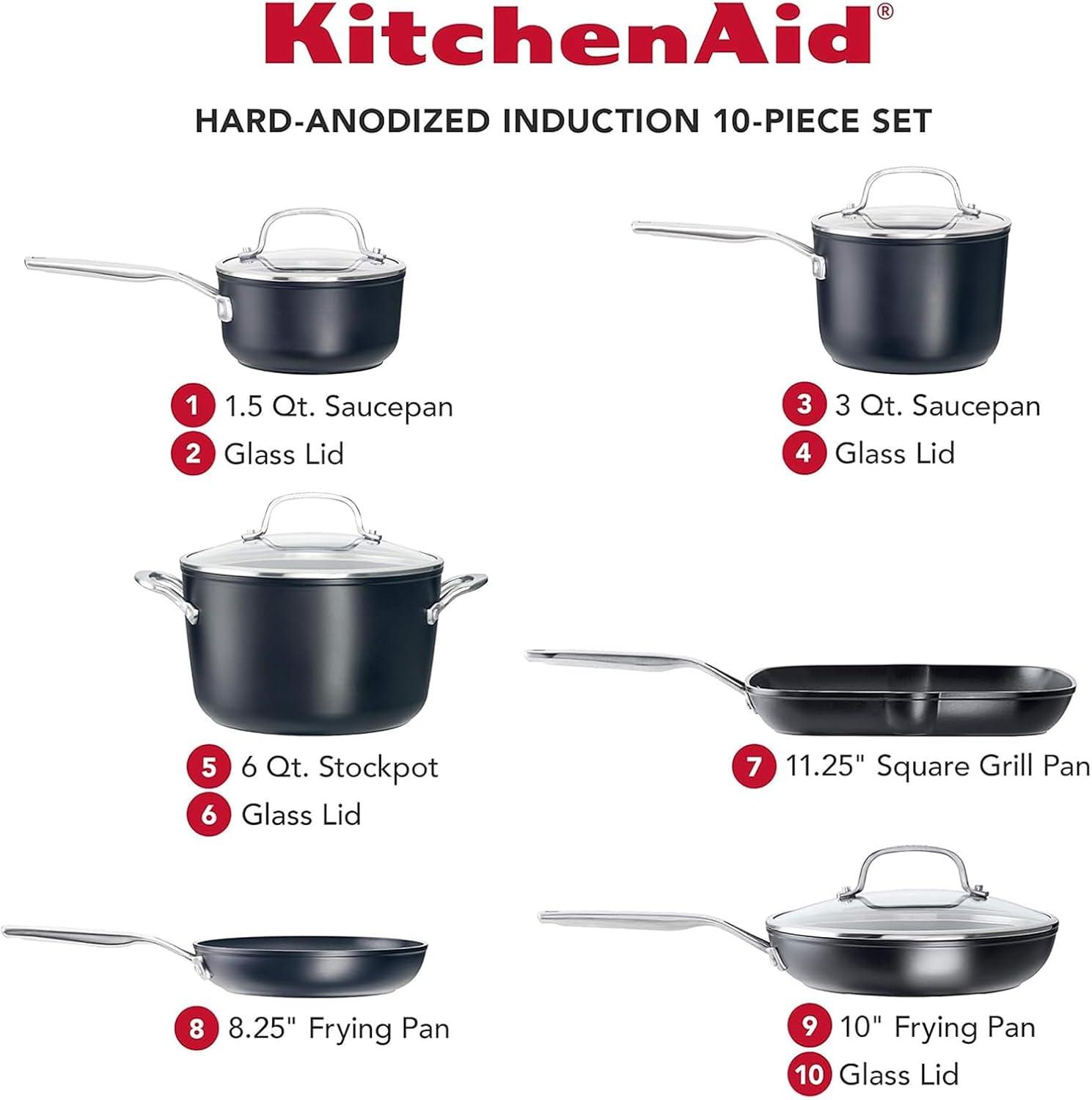 imageKitchenAid Hard Anodized Induction Nonstick Cookware Pots and Pans Set 10 Piece Matte BlackCookware Set 10 Piece