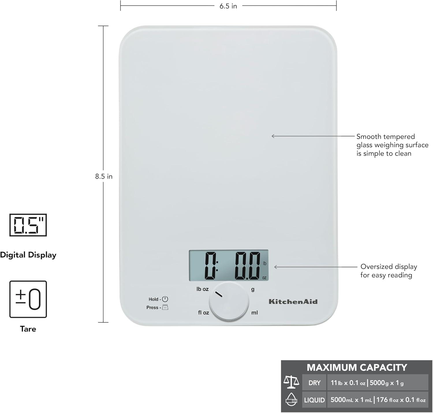 imageKitchenAid KQ914WH Glass Surface 11 Pound Capacity Digital Kitchen and Food Scale Scale for Food Ounces and Grams Dry and Liquid Ingredients WhiteWhite