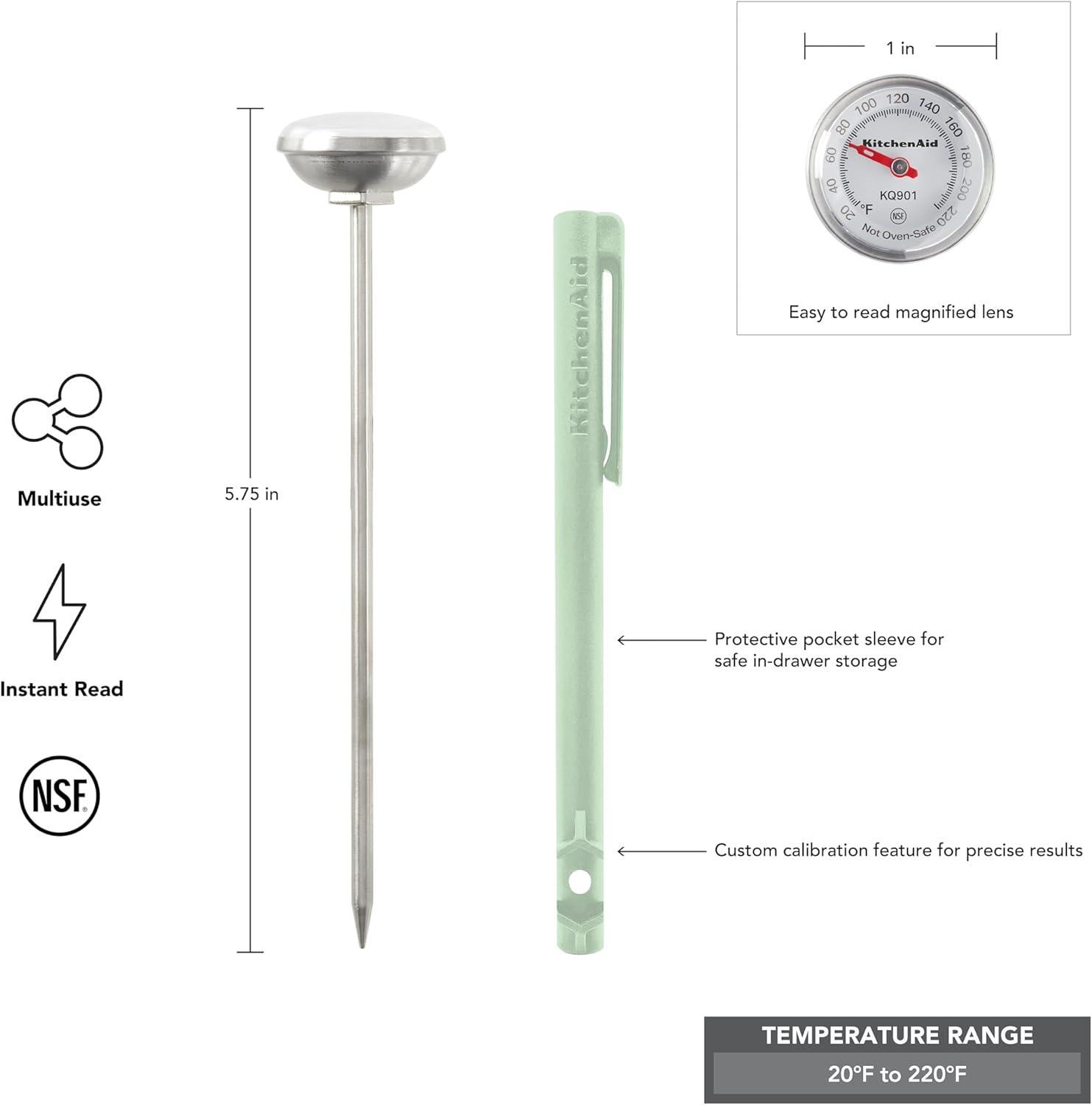imageKitchenAid KQ919 Analog Instant Read Food and Meat Thermometer with 175inch Dial Recalibration Feature Black Storage SleevePistachio