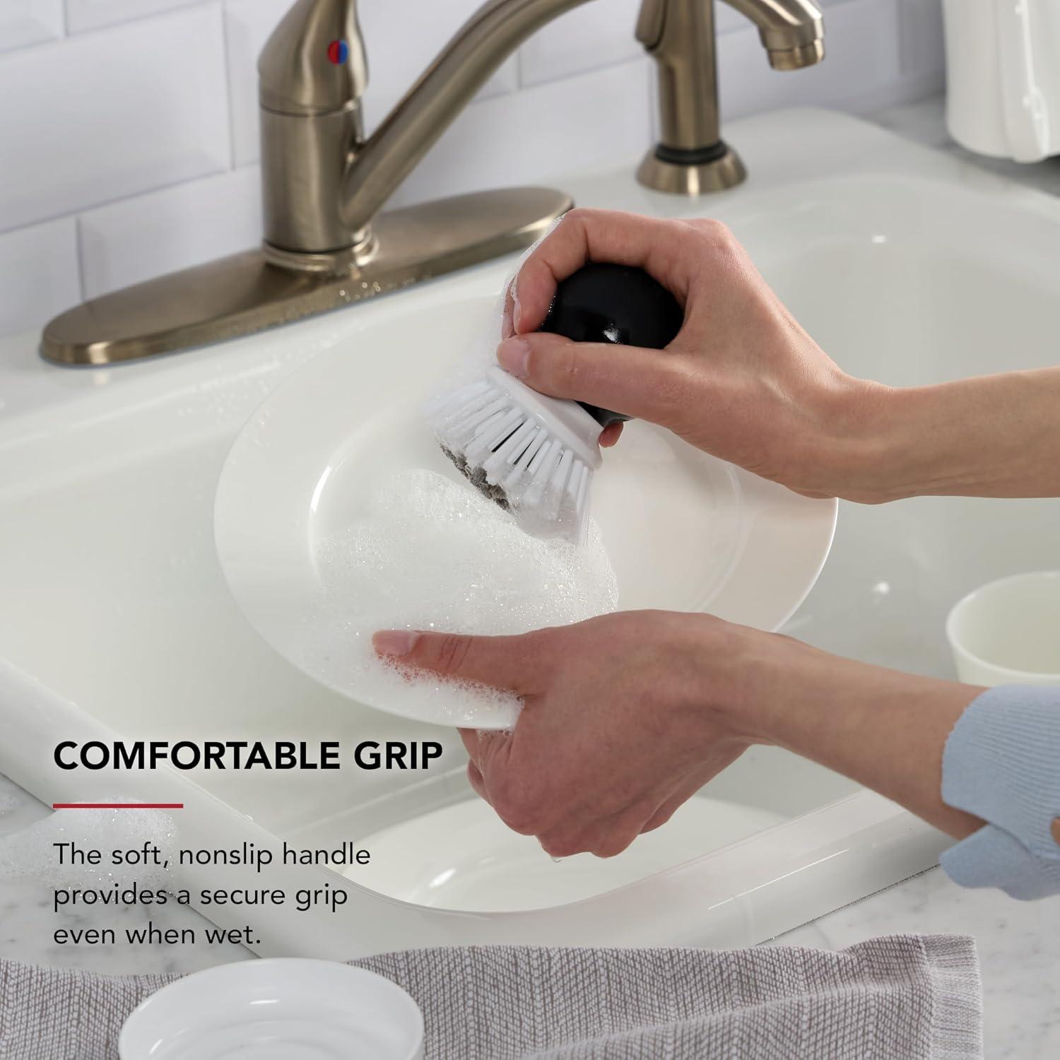 imageKitchenAid Palm Brush with Dish Tray to Keep Countertops Dry and Clean Durable Nylon Bristles for Tough Cleaning Dishwasher Safe 2 Piece BlackBlack