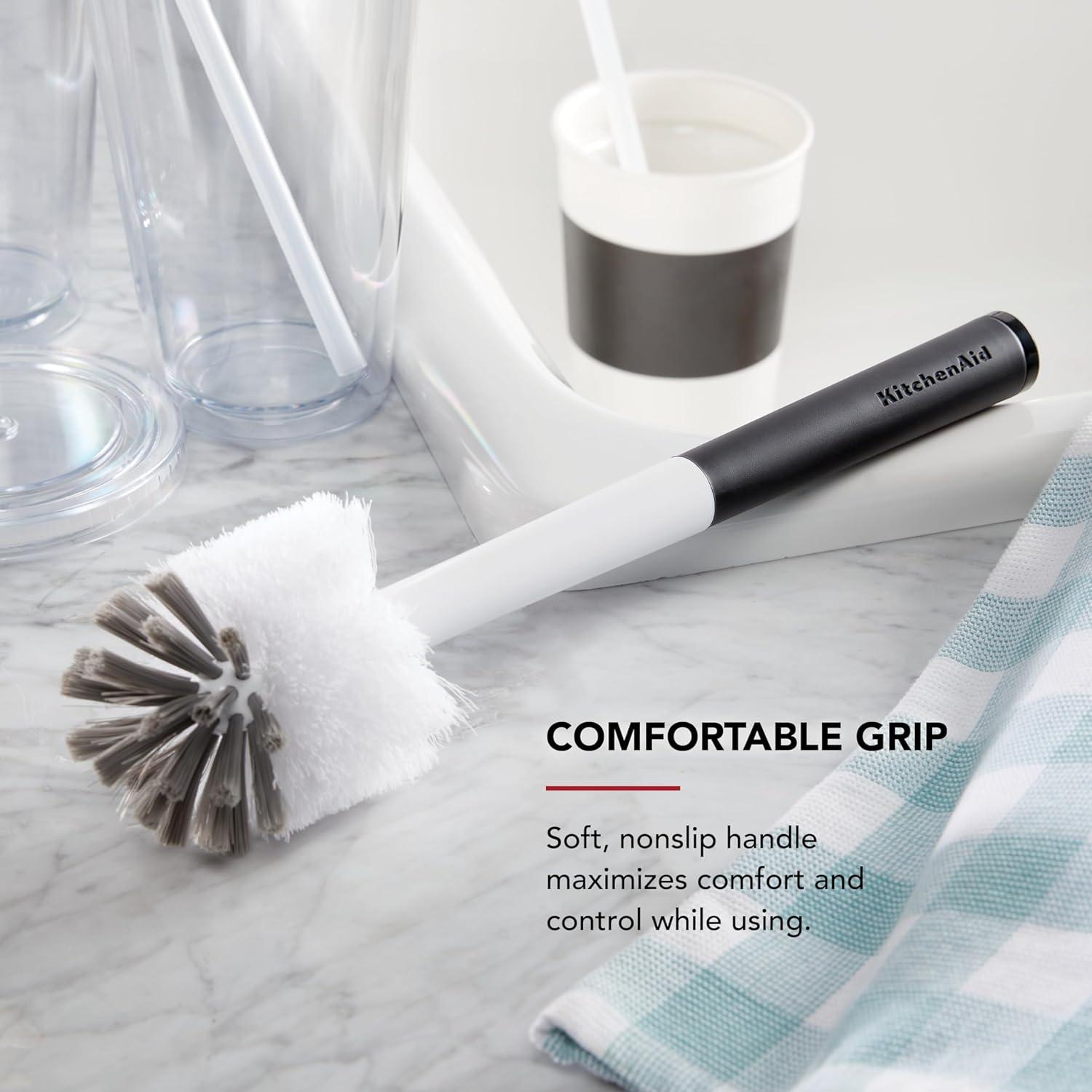 imageKitchenAid Palm Brush with Dish Tray to Keep Countertops Dry and Clean Durable Nylon Bristles for Tough Cleaning Dishwasher Safe 2 Piece BlackBlack and White