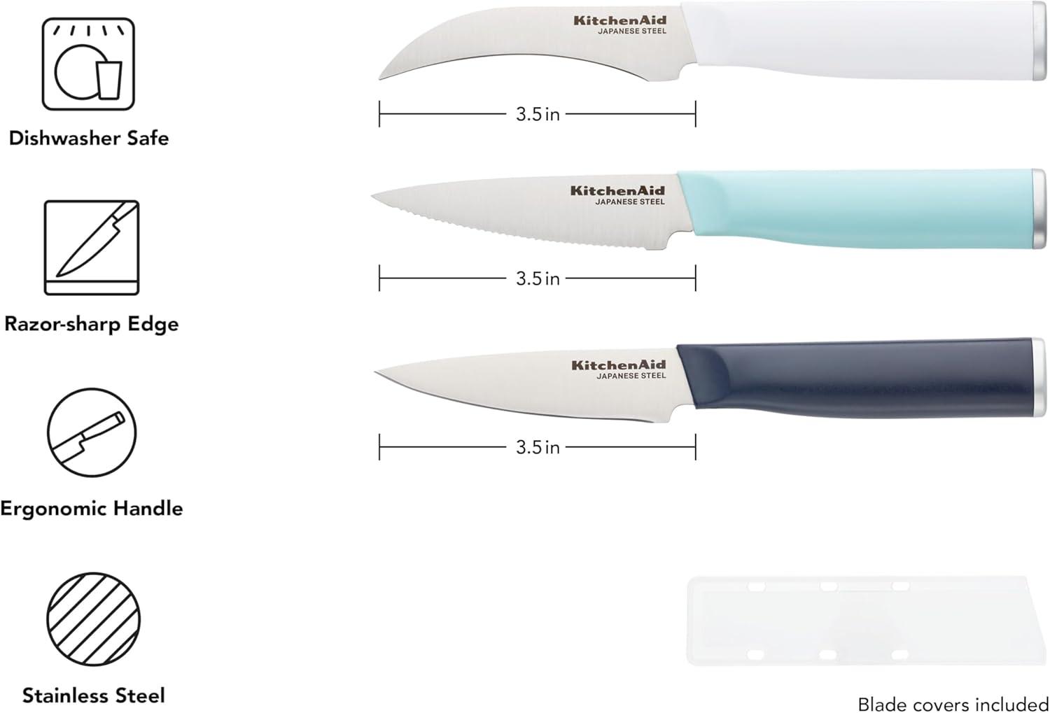 imageKitchenAid Paring Knife Set High Carbon Stainless Steel Kitchen Knife Set RazorSharp Blades 3 Piece WhiteBlue