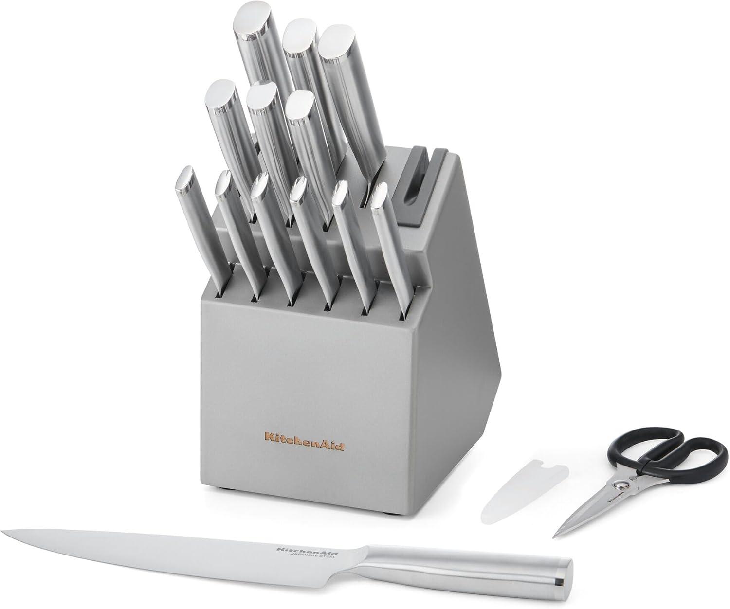 imageKitchenAid Slim TwoTone Knife Block Set with BuiltIn Knife Sharpener High Carbon Stainless Steel Kitchen Knives Sharp Kitchen Knife Set with Block 14Piece WhiteStainless Steel