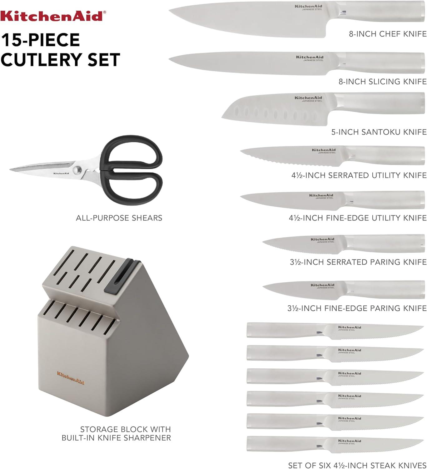 imageKitchenAid Slim TwoTone Knife Block Set with BuiltIn Knife Sharpener High Carbon Stainless Steel Kitchen Knives Sharp Kitchen Knife Set with Block 14Piece WhiteStainless Steel