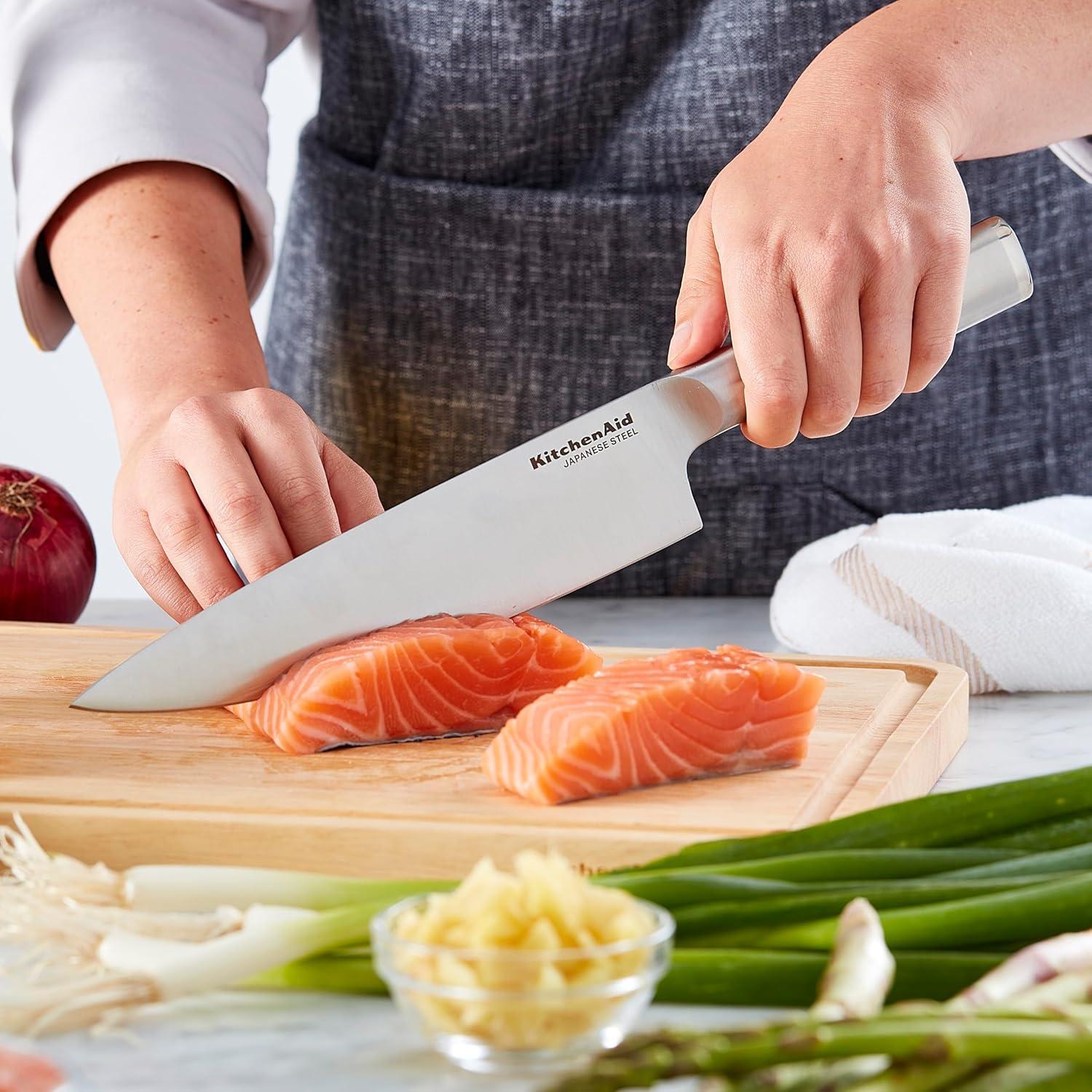 imageKitchenAid Slim TwoTone Knife Block Set with BuiltIn Knife Sharpener High Carbon Stainless Steel Kitchen Knives Sharp Kitchen Knife Set with Block 14Piece WhiteStainless Steel