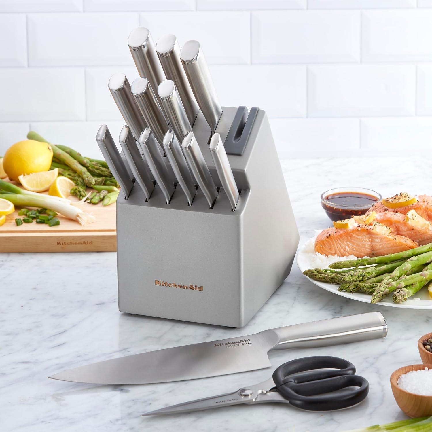 imageKitchenAid Slim TwoTone Knife Block Set with BuiltIn Knife Sharpener High Carbon Stainless Steel Kitchen Knives Sharp Kitchen Knife Set with Block 14Piece WhiteStainless Steel