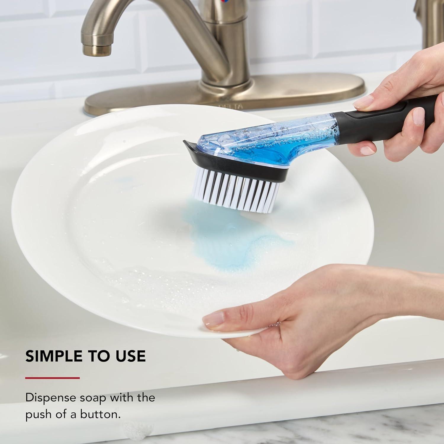 imageKitchenAid Soap Dispensing Sink Brush with Easy to Fill Handle Nylon Bristles for Tough Cleaning Comfort Grip Handle for Non Slip Grip Black