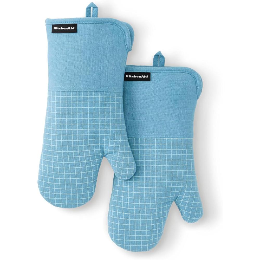 imageKITCHENAID Gourmet Series Gridlines Oven Mitts 2Pack Set Heat Resistant up to 600F Soft Silicone Grip Magnetic Cuff Dried Rose 7quotx14quotBlue Velvet