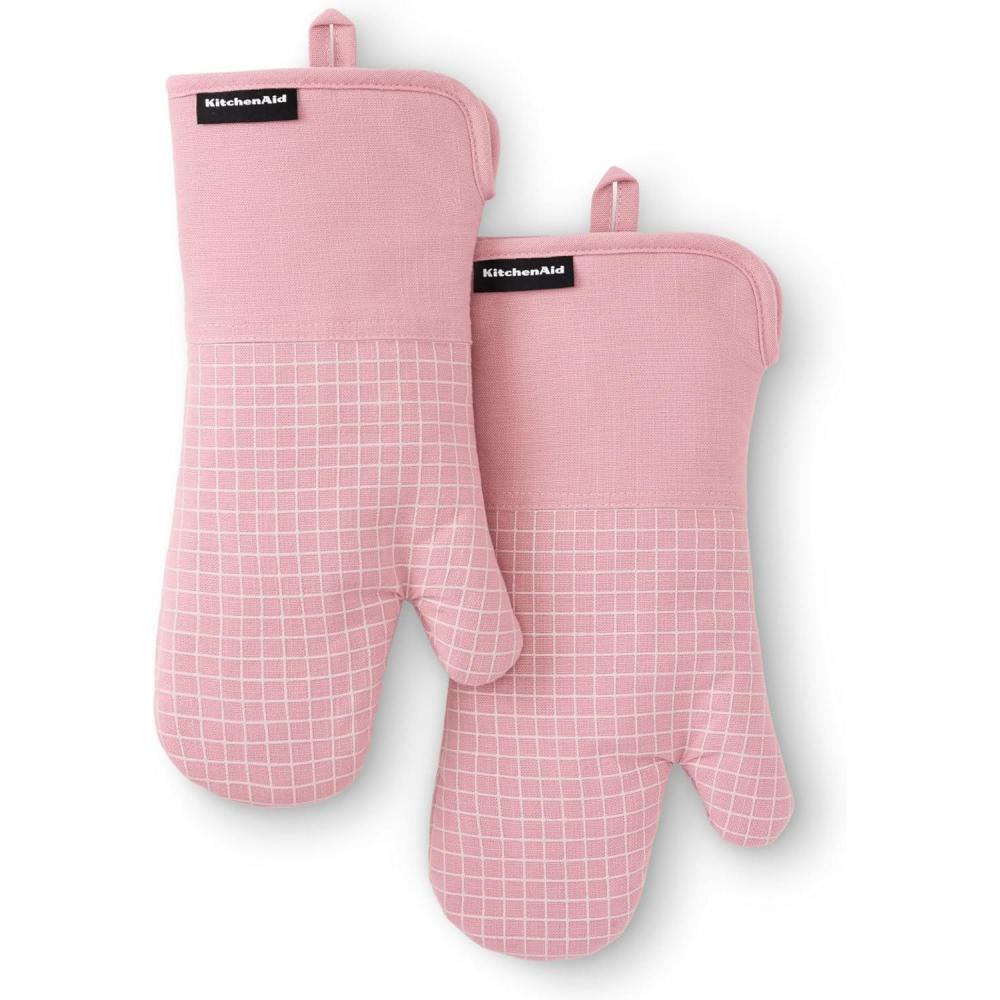 imageKITCHENAID Gourmet Series Gridlines Oven Mitts 2Pack Set Heat Resistant up to 600F Soft Silicone Grip Magnetic Cuff Dried Rose 7quotx14quotDried Rose