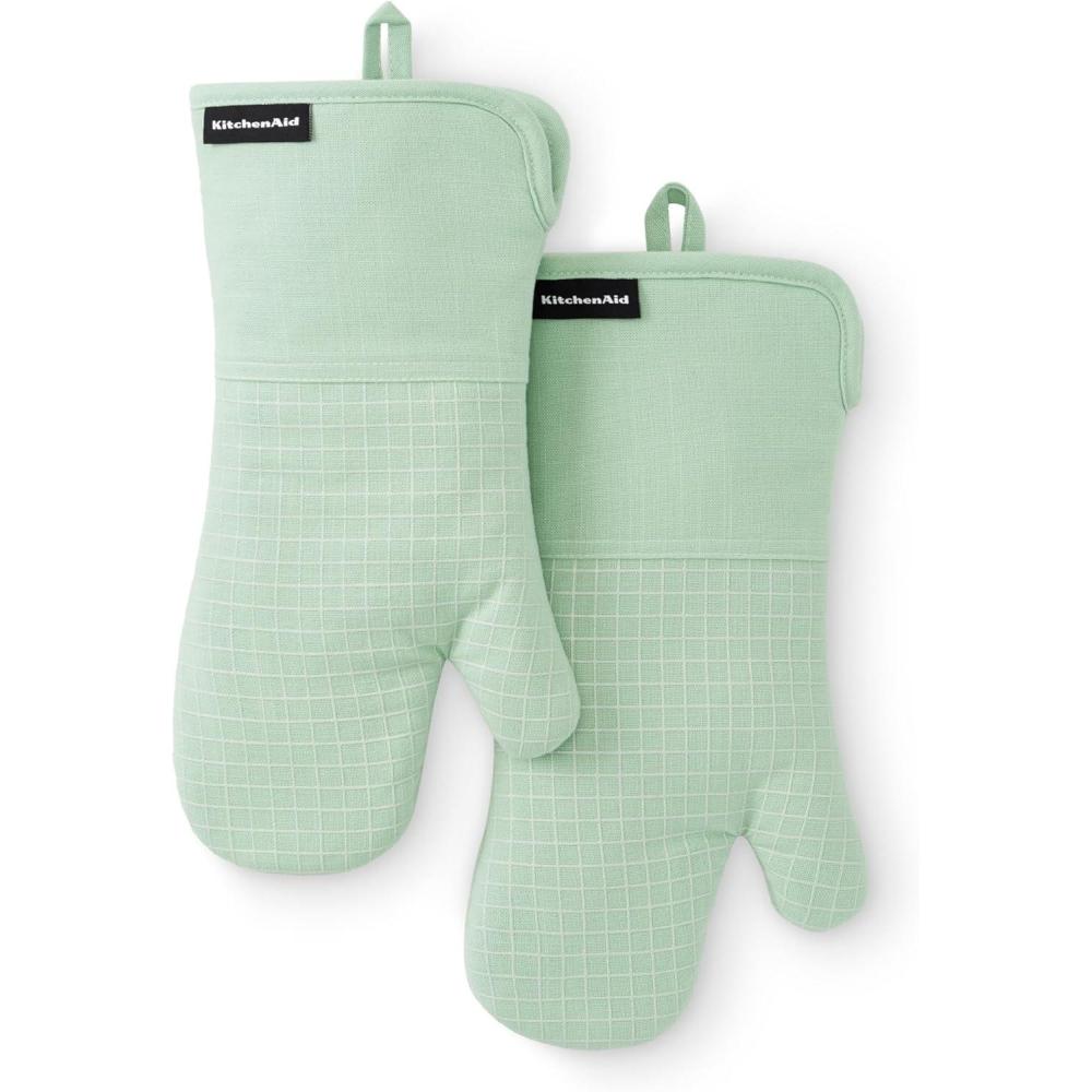 imageKITCHENAID Gourmet Series Gridlines Oven Mitts 2Pack Set Heat Resistant up to 600F Soft Silicone Grip Magnetic Cuff Dried Rose 7quotx14quotPistachio Green