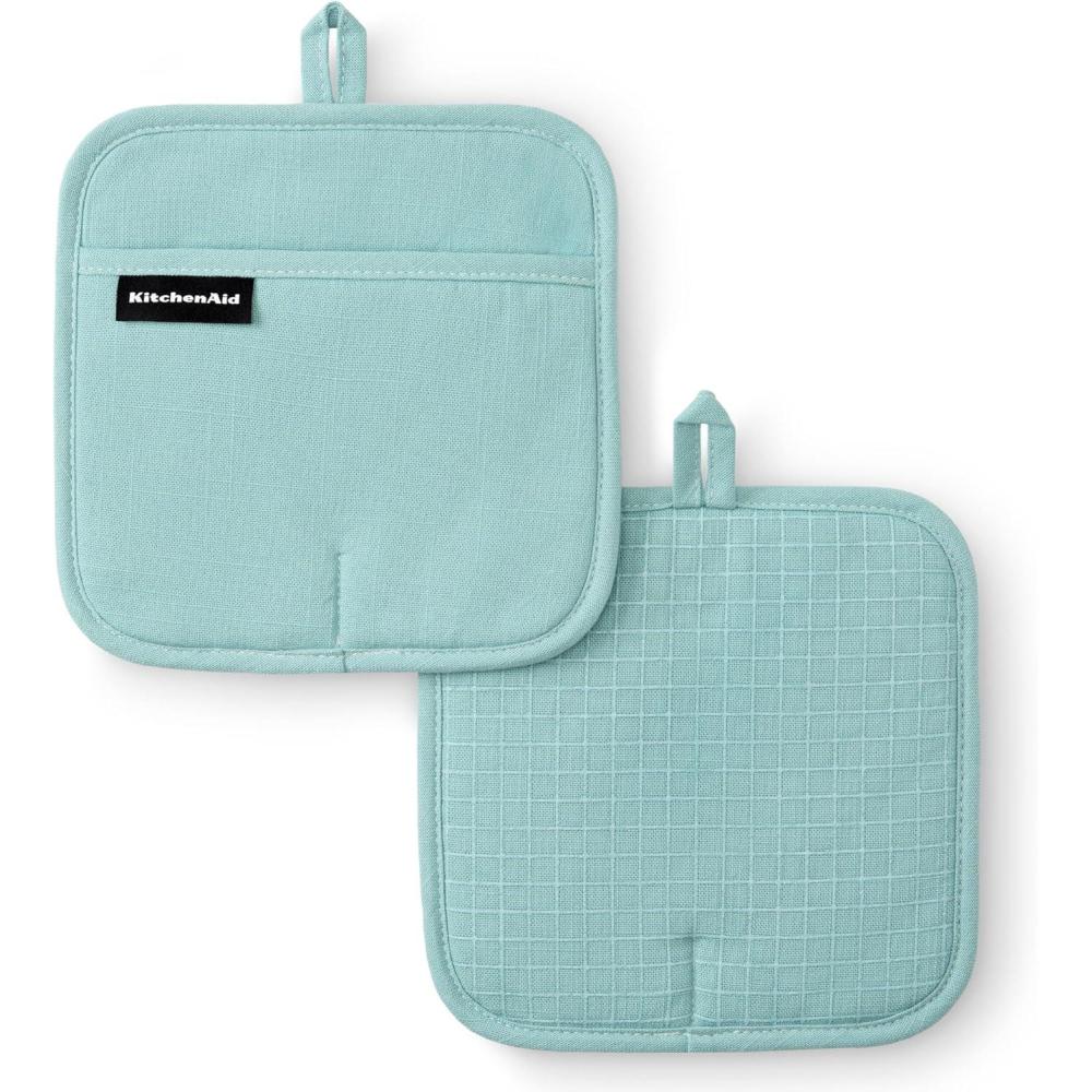 imageKITCHENAID Gourmet Series Gridlines Pot Holders 2Pack Set Heat Resistant up to 600F Soft Silicone Grip Magnetic Cuff Dried Rose 8quotx8quotMineral Water Aqua