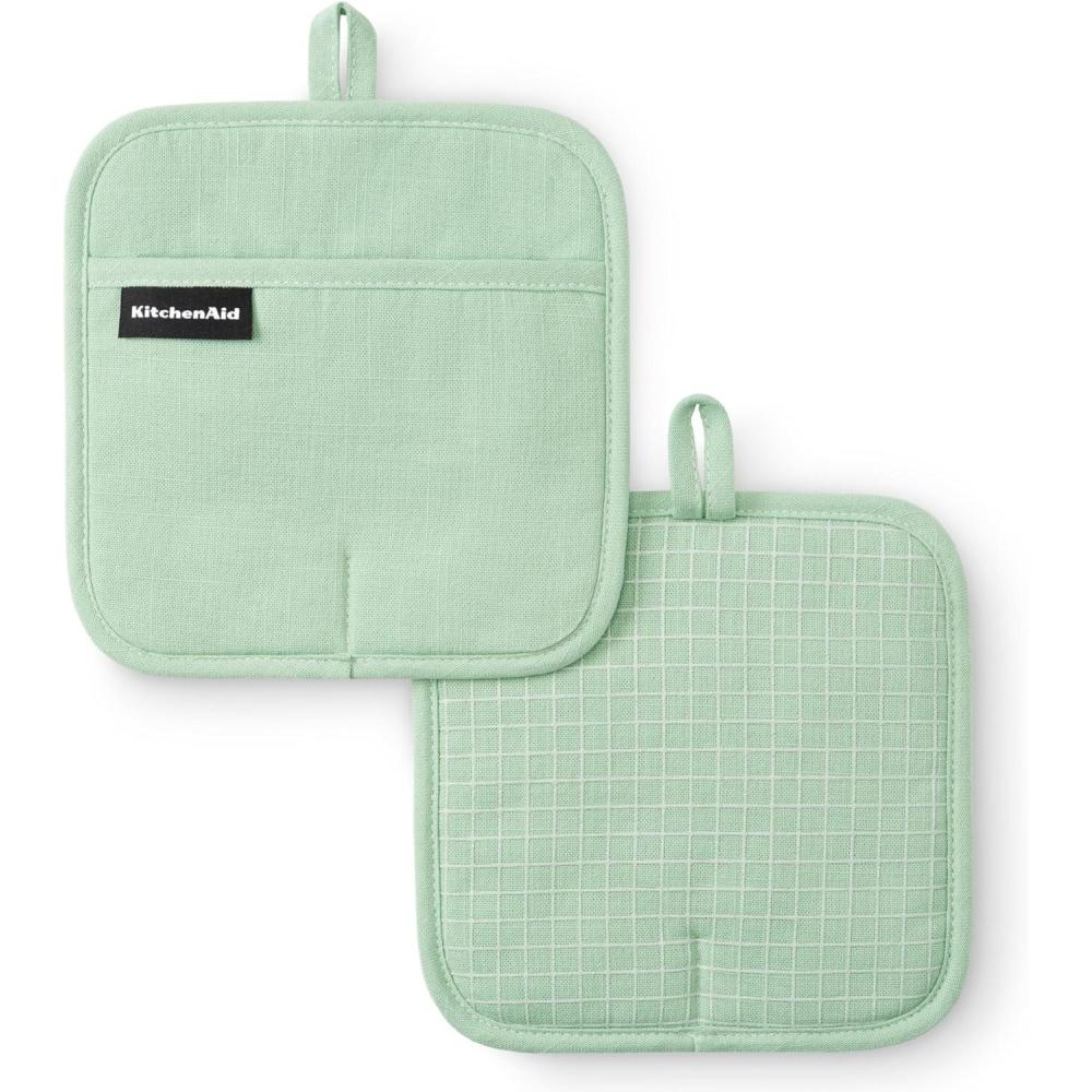 imageKITCHENAID Gourmet Series Gridlines Pot Holders 2Pack Set Heat Resistant up to 600F Soft Silicone Grip Magnetic Cuff Dried Rose 8quotx8quotPistachio Green