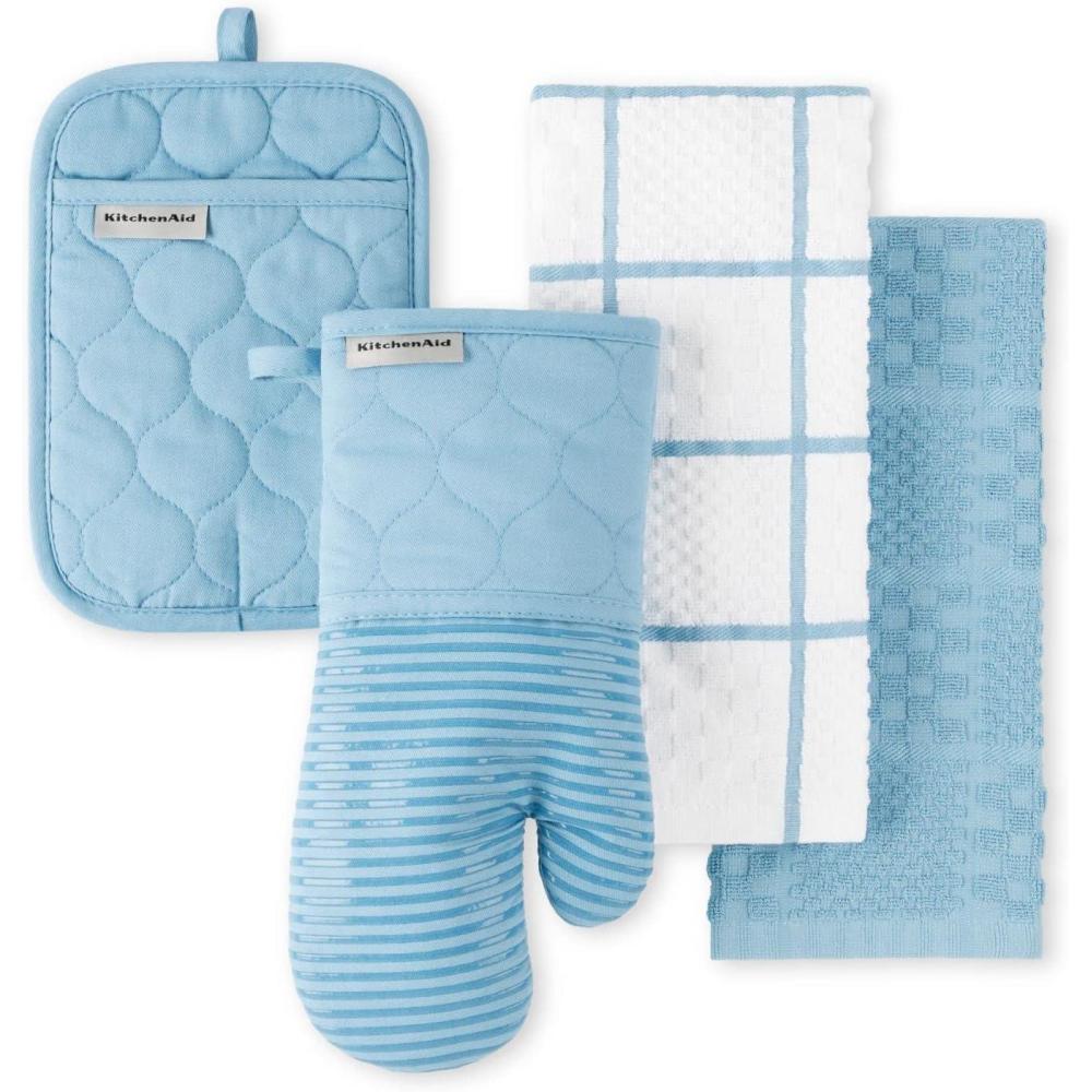 imageKITCHENAID Quilted Cotton Terry Cloth Oven Mitt Pot Holder Kitchen Towel 4Pack Set Heat Resistant Silicone Grip 16quotx26quot 7quotx13quot ampamp 7quotx10quot Aqua SkyBlue Velvet