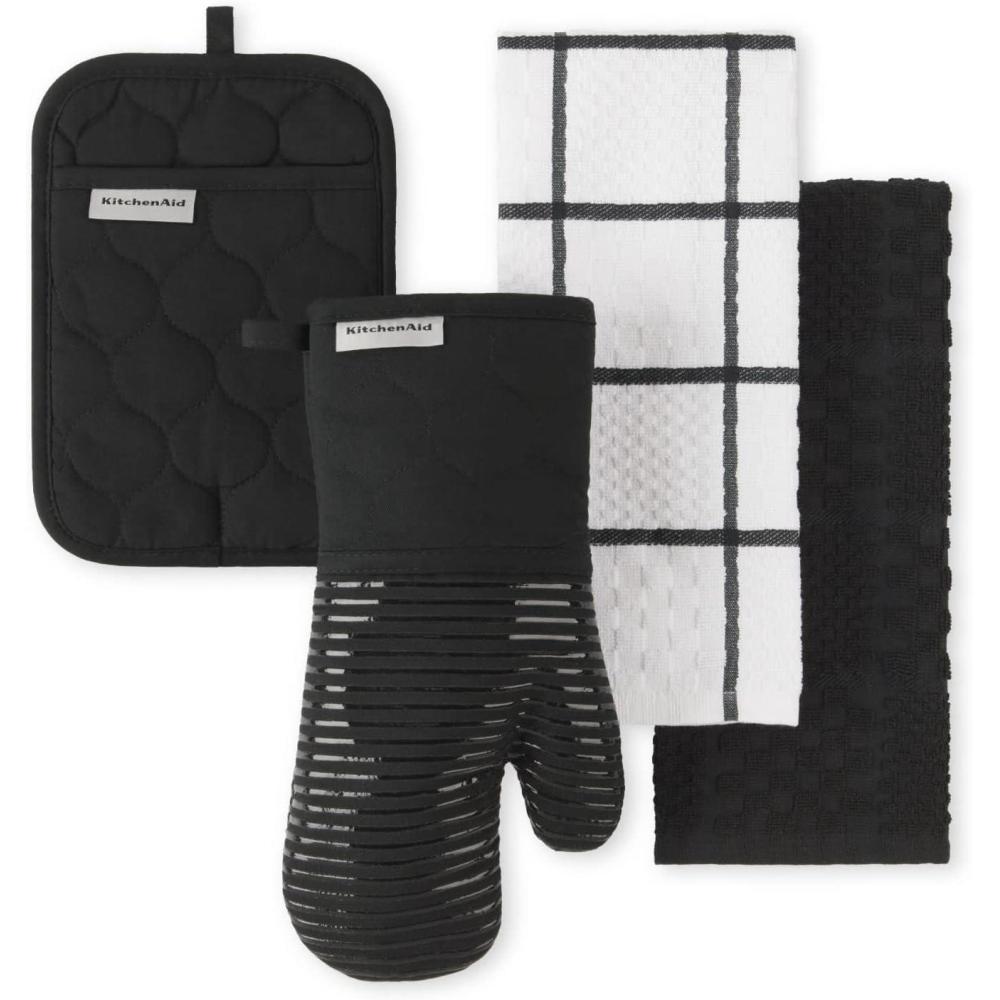 imageKITCHENAID Quilted Cotton Terry Cloth Oven Mitt Pot Holder Kitchen Towel 4Pack Set Heat Resistant Silicone Grip 16quotx26quot 7quotx13quot ampamp 7quotx10quot Aqua SkyMatte Black