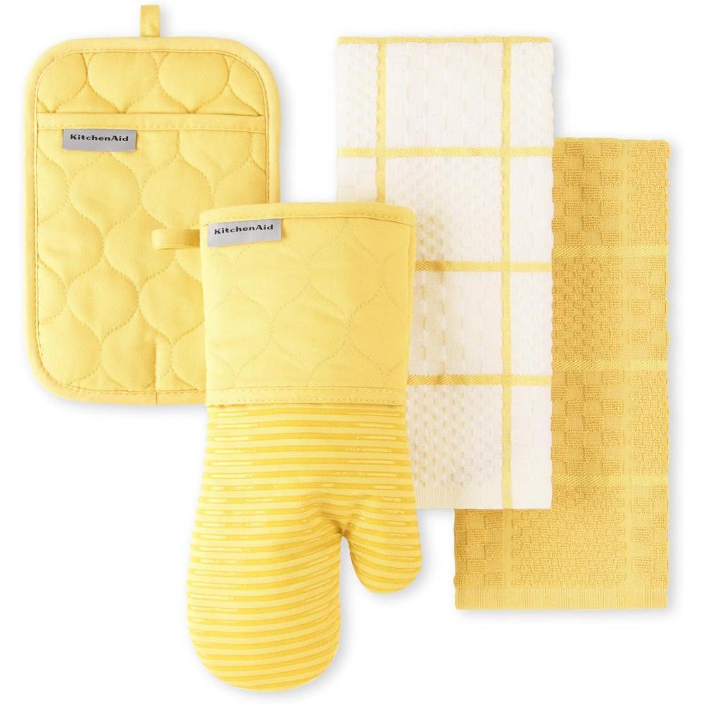 imageKITCHENAID Quilted Cotton Terry Cloth Oven Mitt Pot Holder Kitchen Towel 4Pack Set Heat Resistant Silicone Grip 16quotx26quot 7quotx13quot ampamp 7quotx10quot Aqua SkyButter Yellow