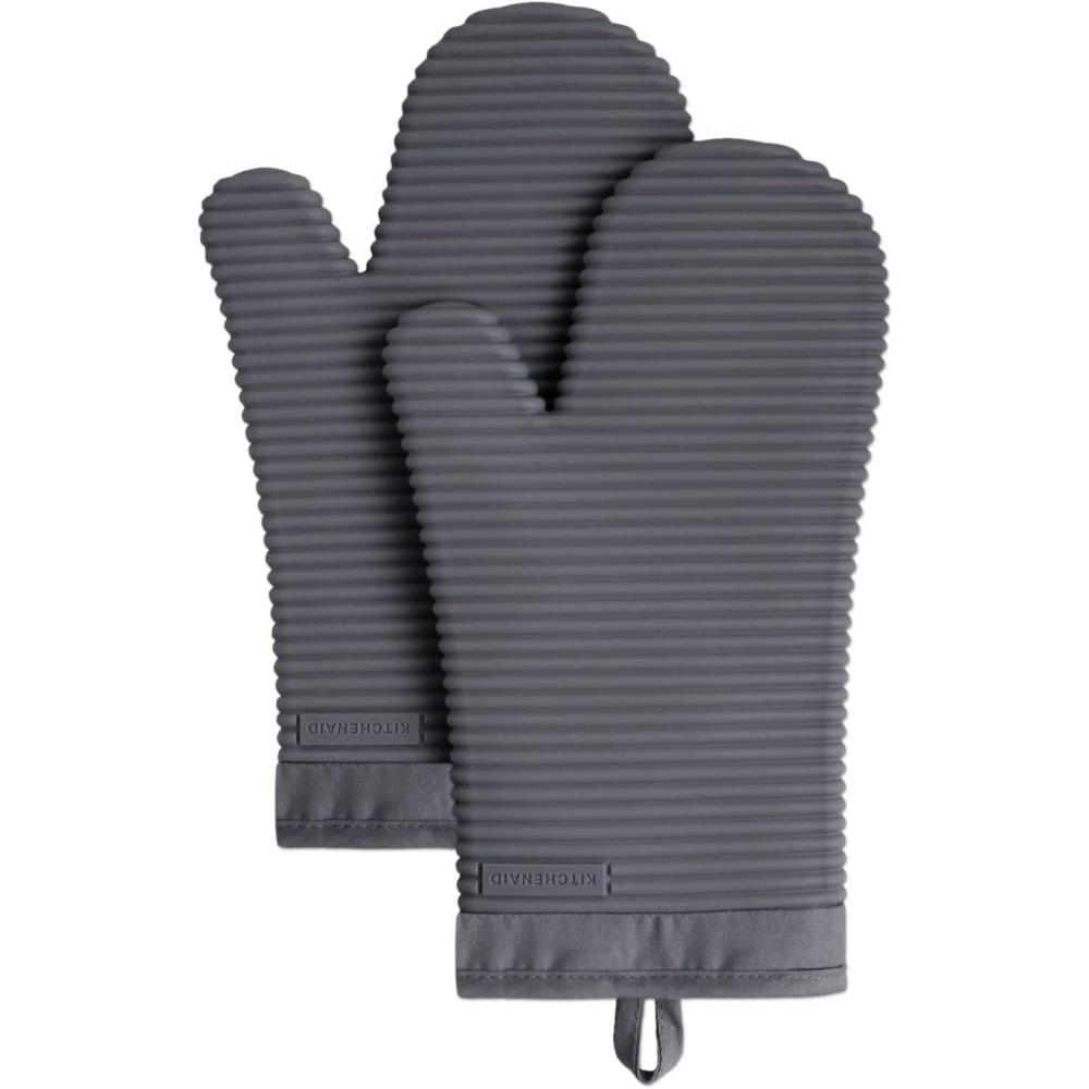 imageKITCHENAID Ribbed Soft Silicone Oven Mitt 2Pack Set 75quotx13quot Lavender CreamCharcoal Grey