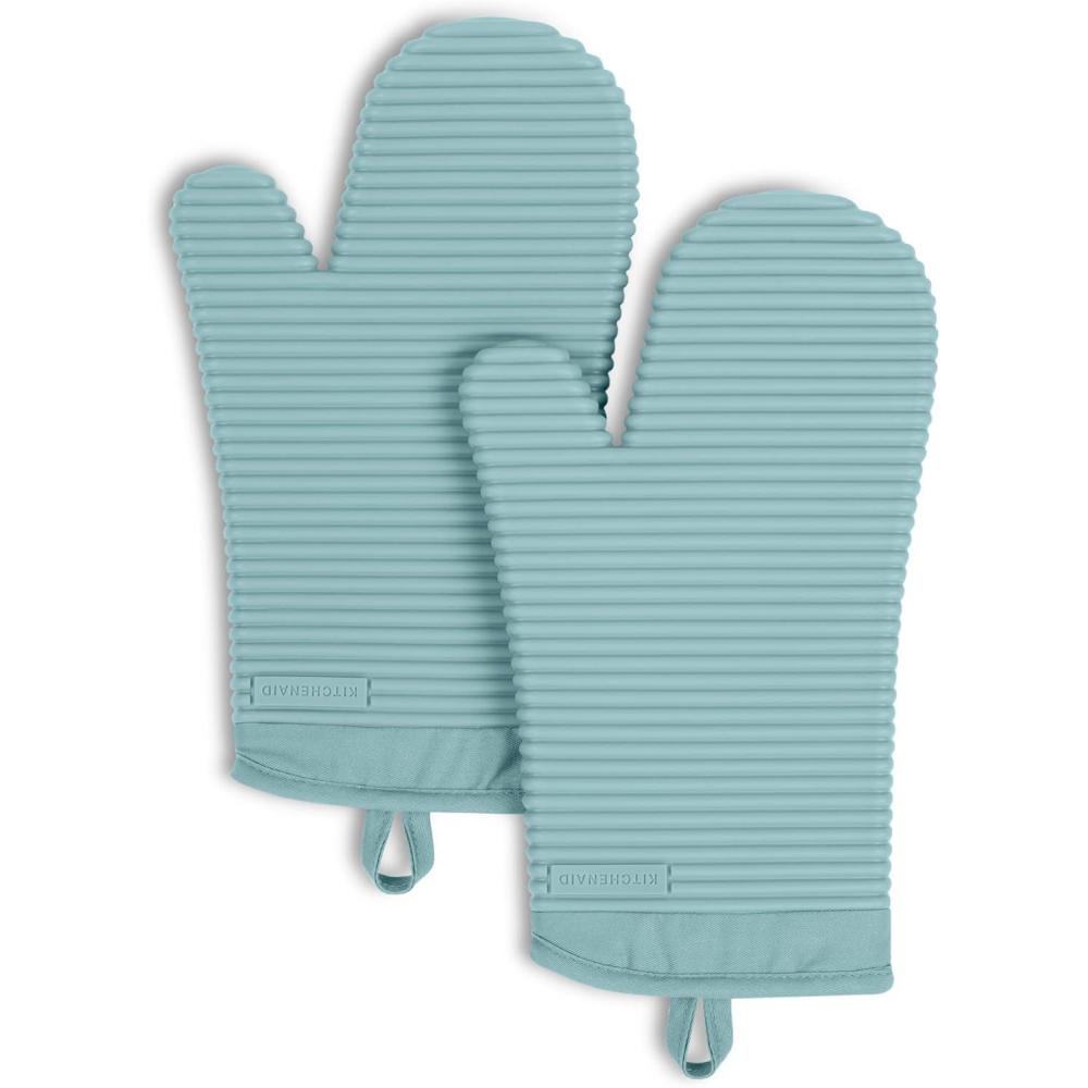 imageKITCHENAID Ribbed Soft Silicone Oven Mitt 2Pack Set 75quotx13quot Lavender CreamMineral Water Aqua
