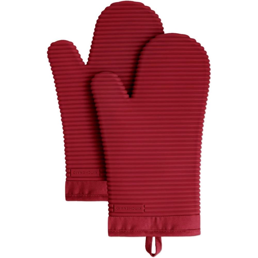imageKITCHENAID Ribbed Soft Silicone Oven Mitt 2Pack Set 75quotx13quot Lavender CreamSmoked Paprika