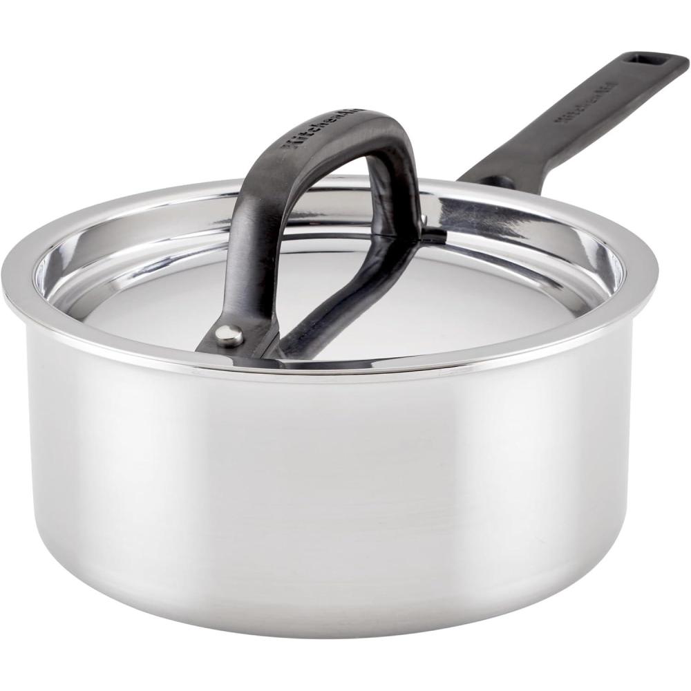 imageKitchenAid 30050 5Ply Clad Polished Stainless Steel Saucepan with Lid 3 Quart Polished Stainless SteelPolished Stainless Steel