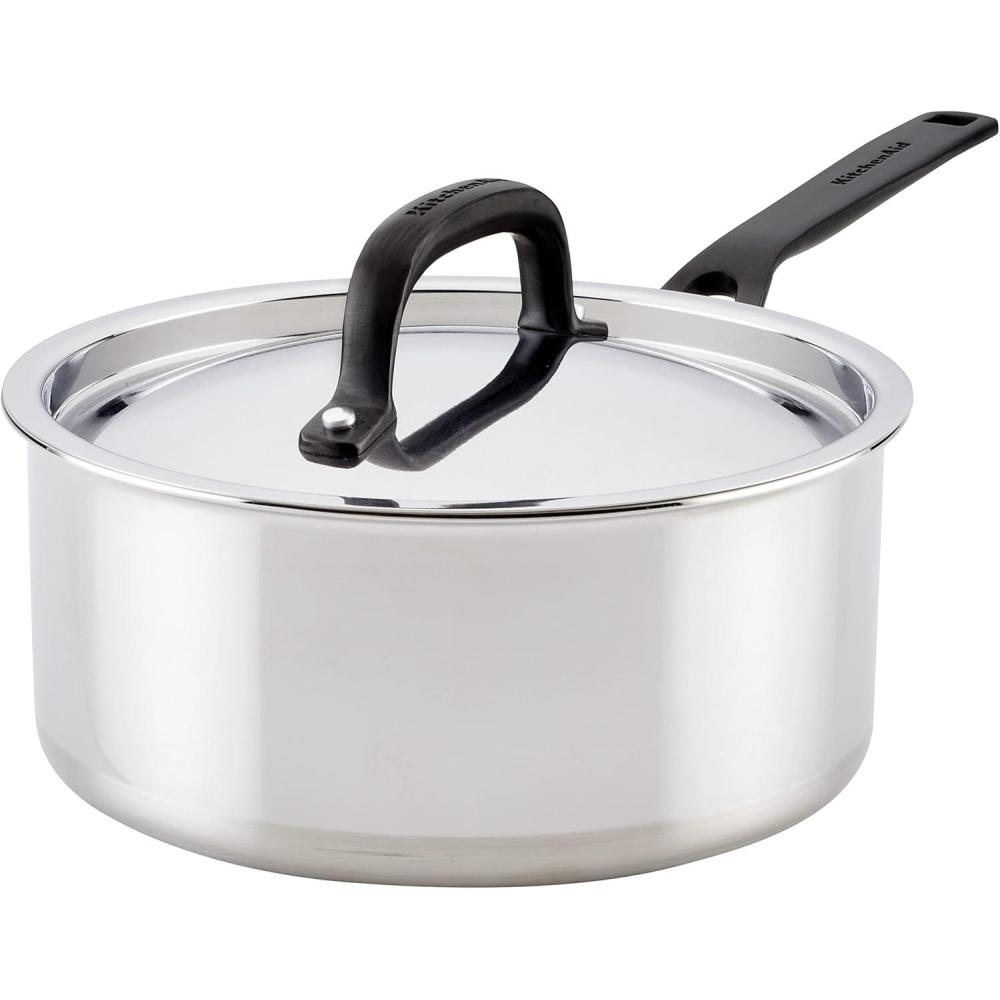 imageKitchenAid 30050 5Ply Clad Polished Stainless Steel Saucepan with Lid 3 Quart Polished Stainless SteelStainless Steel
