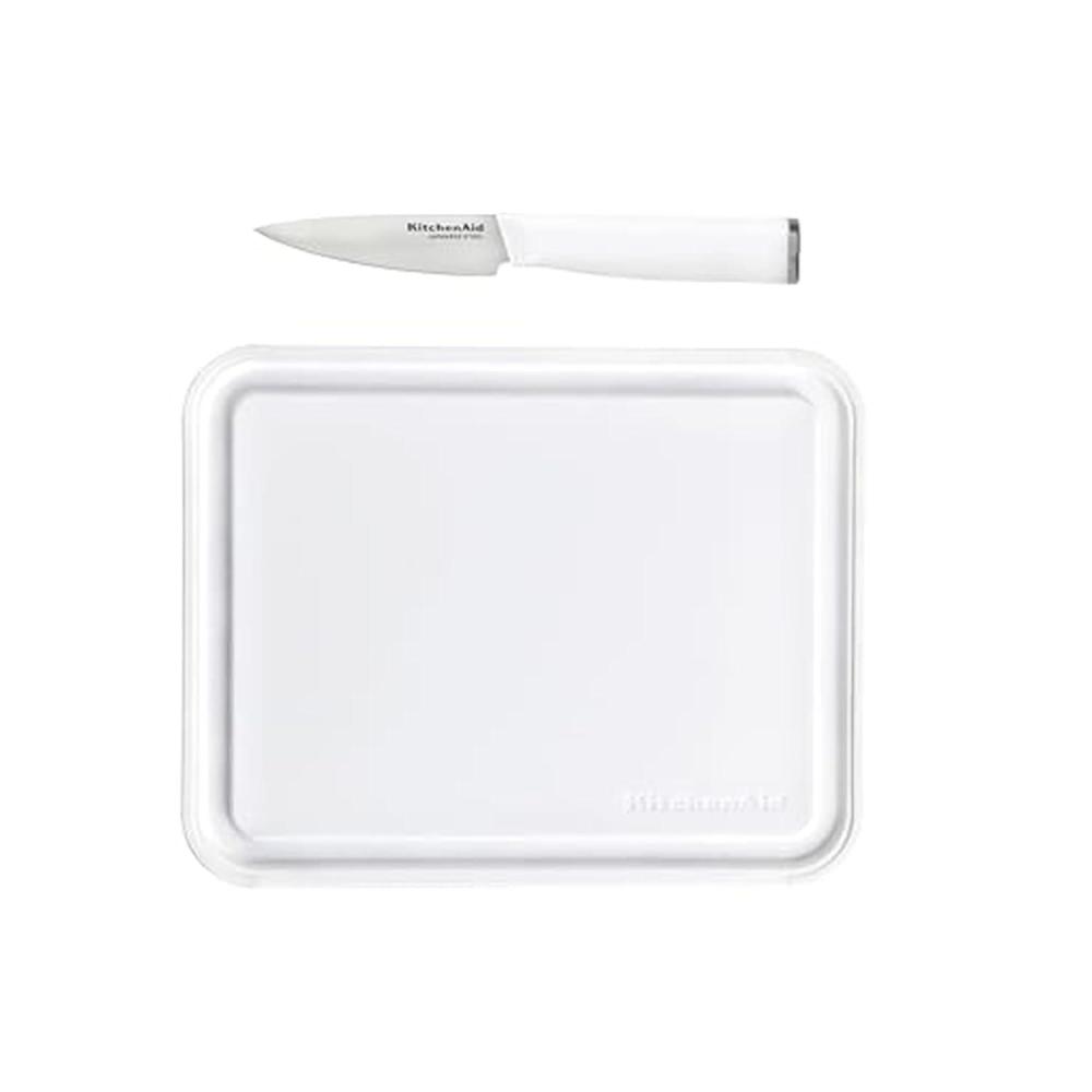 imageKitchenAid 35Inch Paring Knife with 8x10 Inch Poly Cutting Board Set High Carbon Japanese Steel Ergonomic Handle and Nonslip Edges PistachioWhite