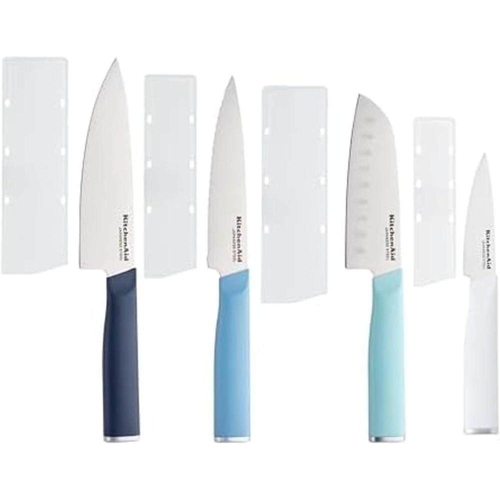 imageKitchenAid 4 Piece Chef Knife Set with Blade Covers 6 Inch Chef Knife 5 Inch Santoku 55 Inch Serrated Utility 35 Inch Paring High Carbon Japanese Steel Dried RoseBlue