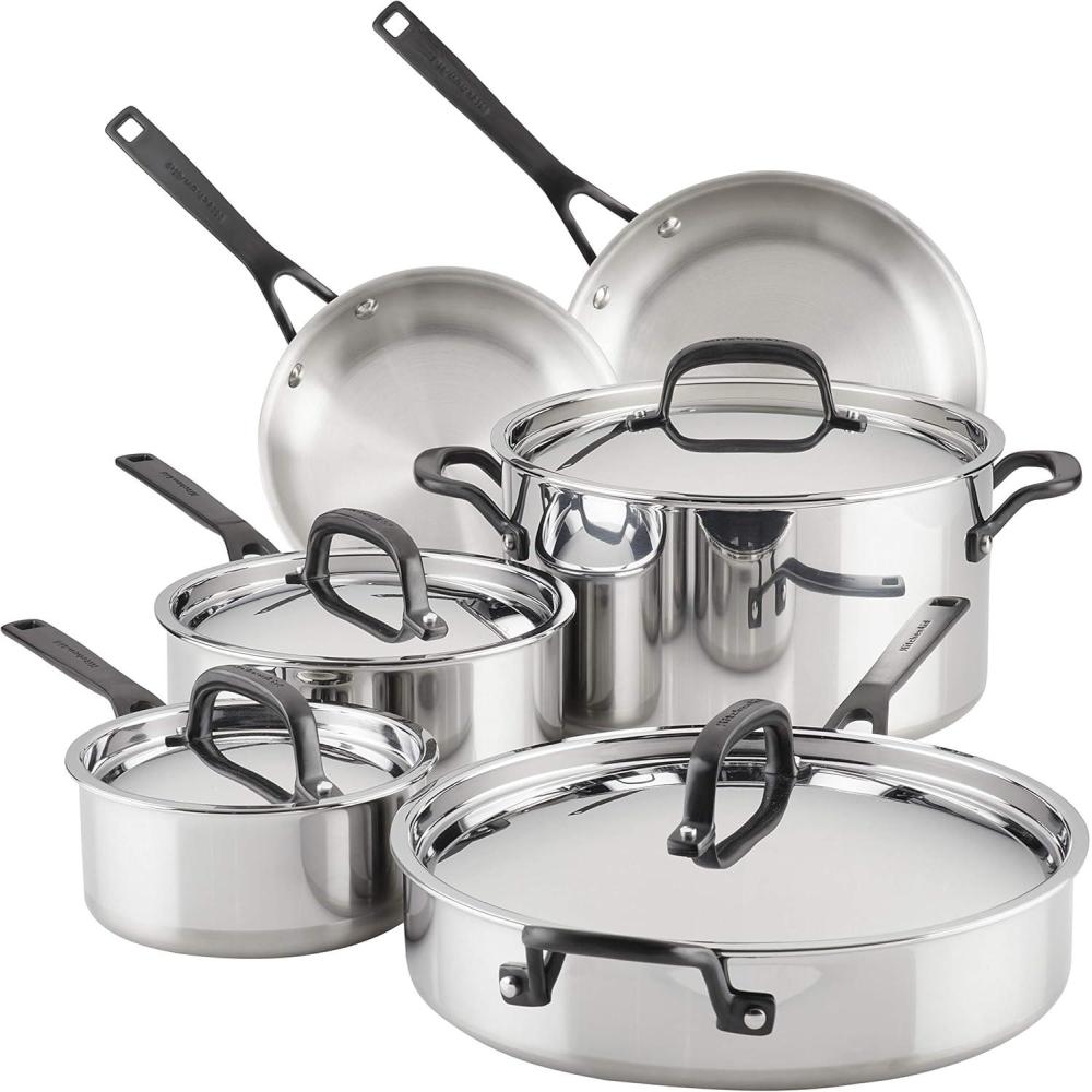 imageKitchenAid 5Ply Clad Polished Stainless Steel Cookware Pots and Pans Set 10 Piece