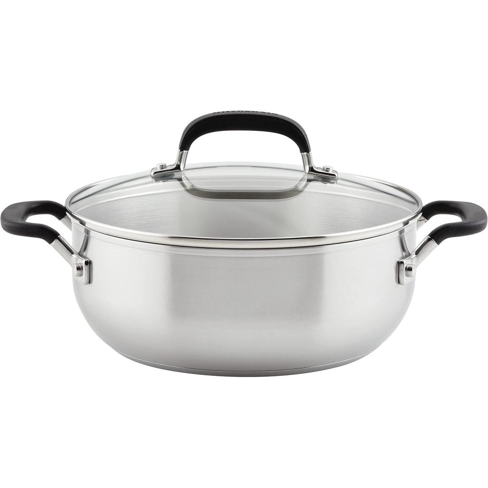 imageKitchenAid 71011 3Ply Base Brushed Stainless Steel Casserole DishPan with Lid 4 QuartBrushed Stainless Steel